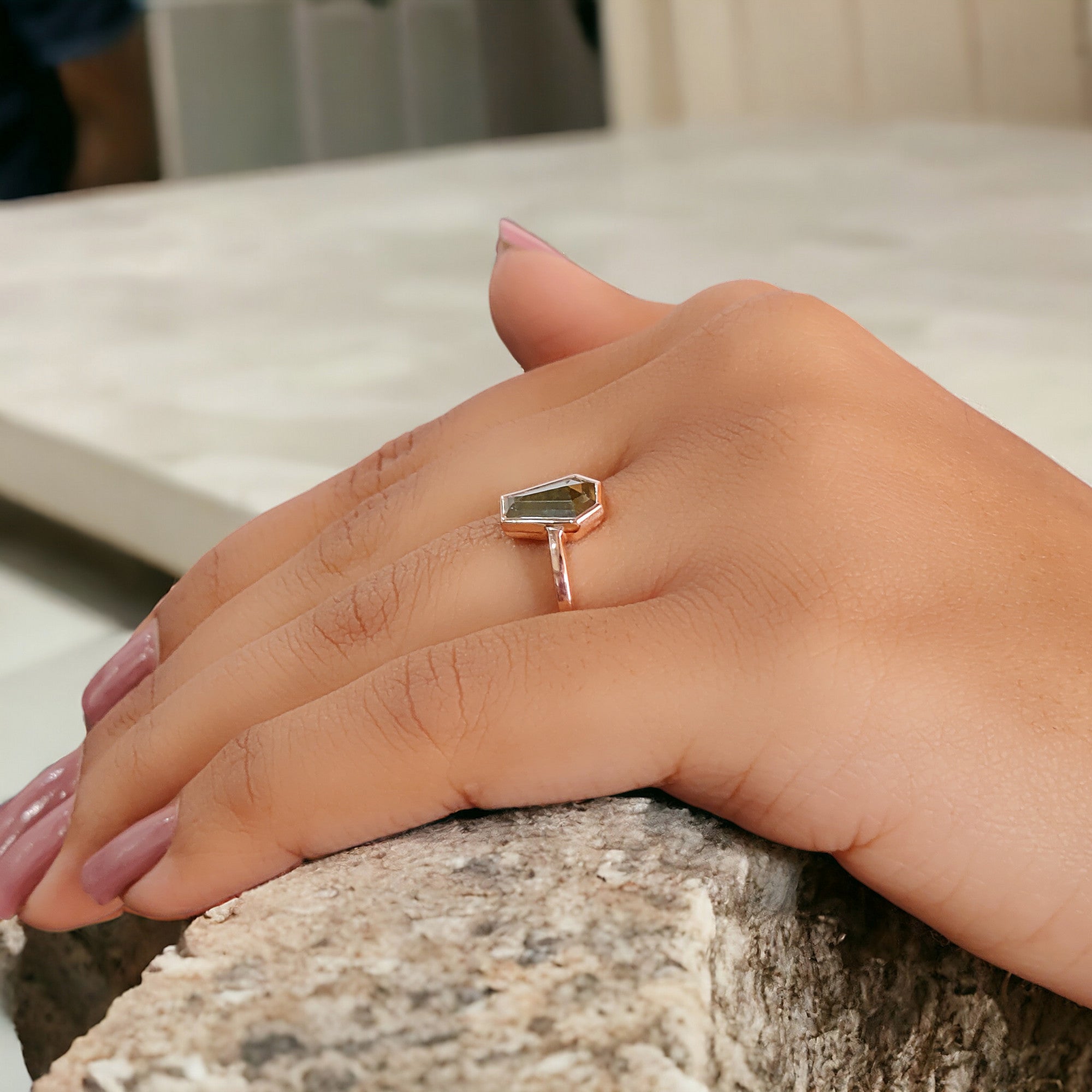 Coffin Shape Yellow Color Diamond Ring 1.14 Ct 8.81 MM Coffin Diamond Ring 14K Solid Rose Gold Silver Engagement Ring Gift For Her QN1879