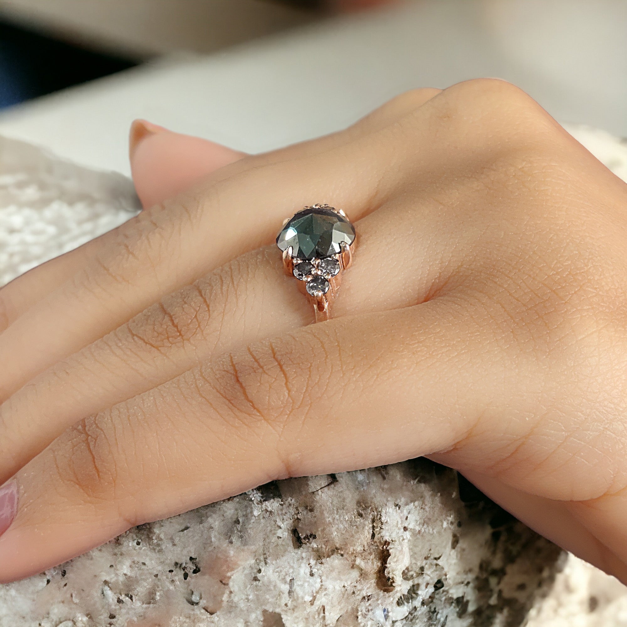 Round Rose Cut Salt And Pepper Diamond Ring 2.69 Ct 9.00 MM Round Diamond Ring 14K Rose Gold Silver Engagement Ring Gift For Her QL180