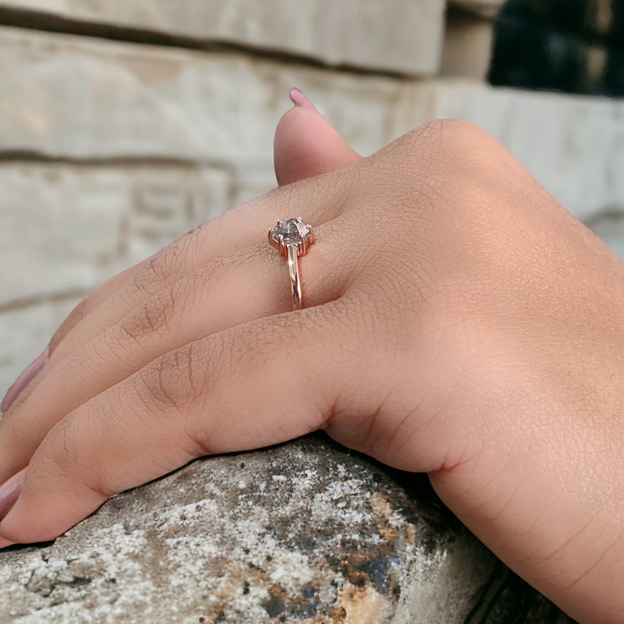 Hexagon Cut Salt And Pepper Diamond Ring 0.54 Ct 5.55 MM Hexagon Diamond Ring 14K Solid Rose Gold Silver Engagement Ring Gift For Her QN642