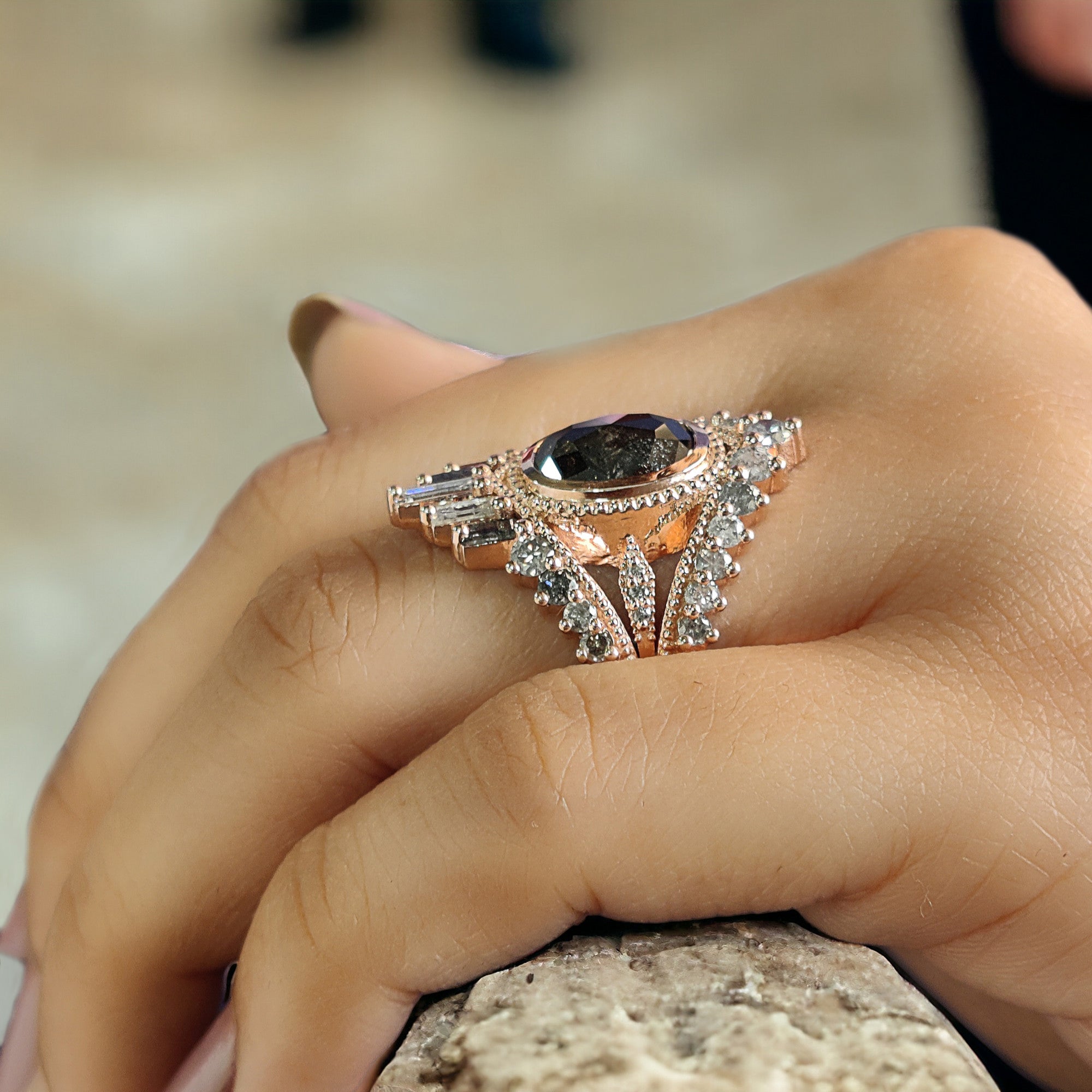 Oval Cut Salt And Pepper Diamond Ring 2.51 Ct 9.50 MM Oval Diamond Ring 14K Solid Rose Gold Silver Oval Engagement Ring Gift For Her QL1367