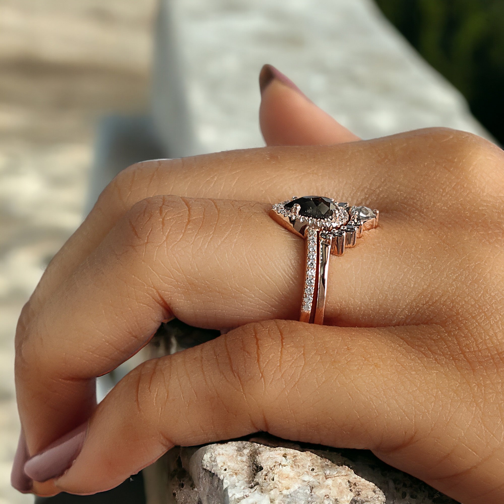 Pear Cut Salt And Pepper Diamond Ring 0.73 Ct 7.10 MM Pear Shape Diamond Ring 14K Solid Rose Gold Silver Engagement Ring Gift For Her QL1025