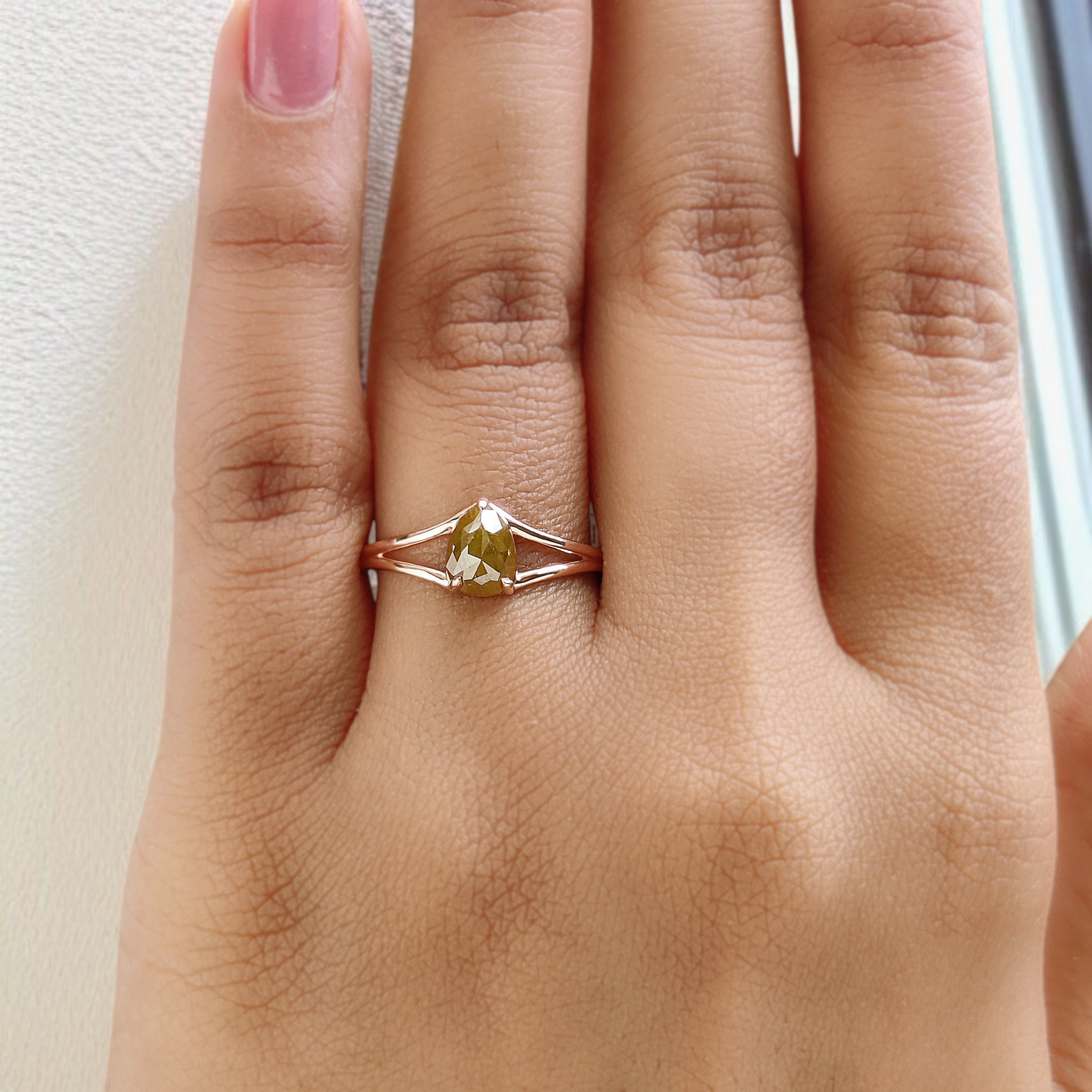 Pear Cut Yellow Color Diamond Ring 0.93 Ct 6.76 MM Pear Diamond Ring 14K Solid Rose Gold Silver Pear Engagement Ring Gift For Her QK2680