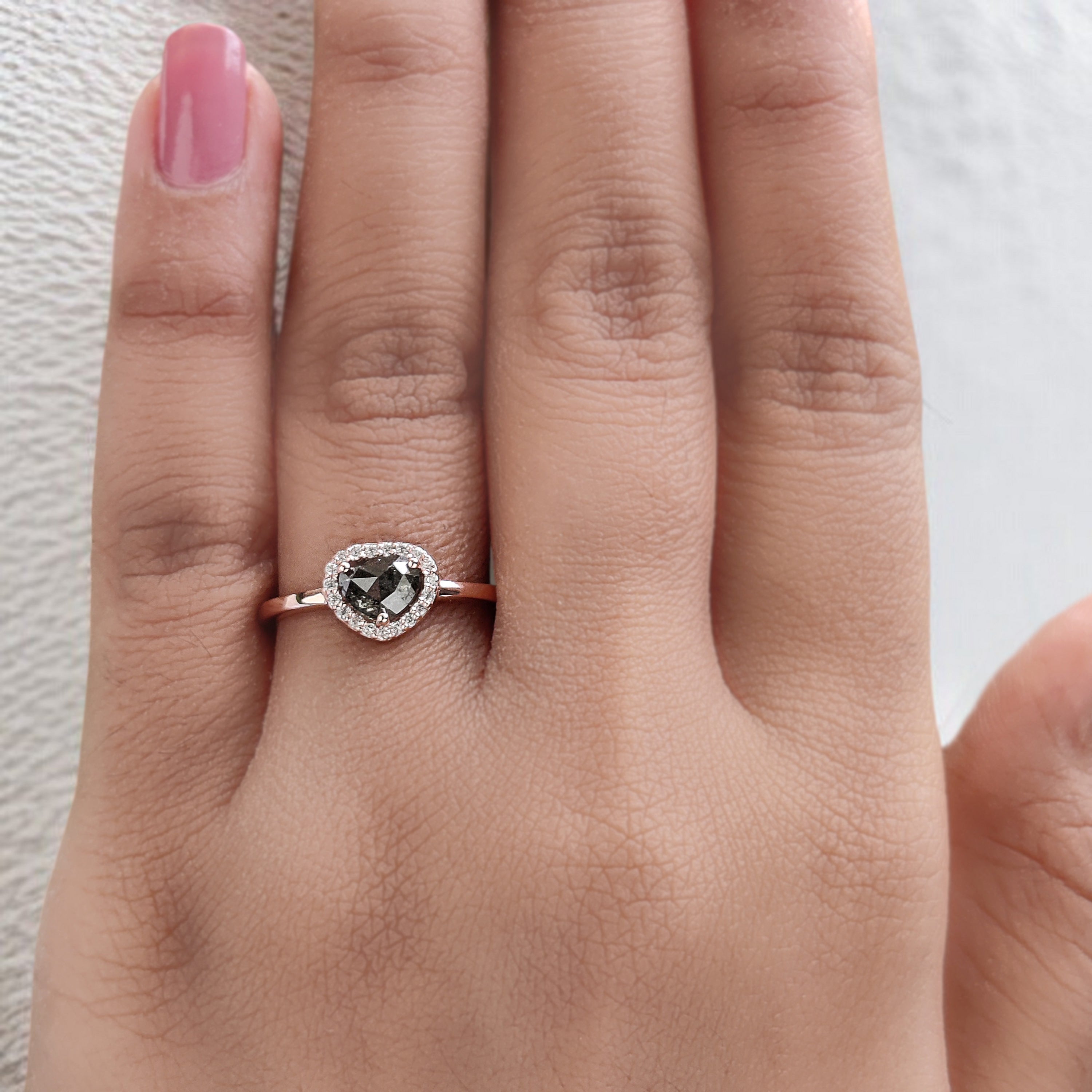 Heart Salt And Pepper Diamond Ring 0.74 Ct 5.90 MM Heart Shape Diamond Ring 14K Solid Rose Gold Silver Engagement Ring Gift For Her QK1487