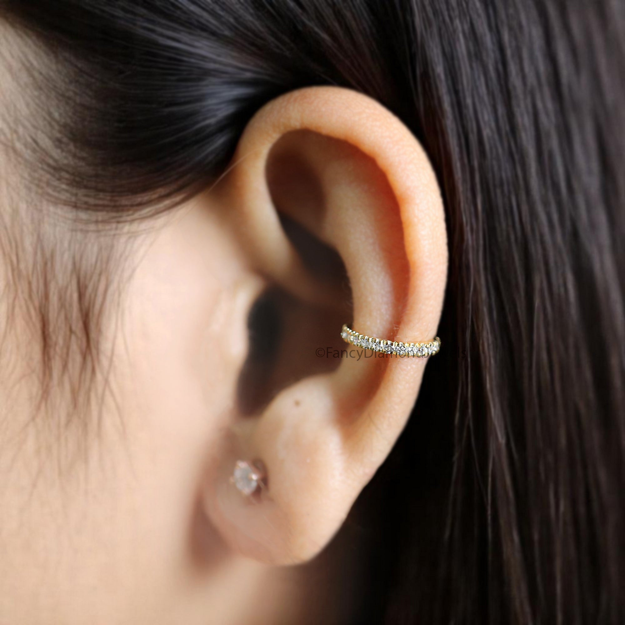 Round Brilliant Cut Colorless Moissanite Diamond Ear Cuff Dainty Ear Cuff Halo Set Sterling Silver Helix Piercing Yellow Gold Ear Wrap FD366