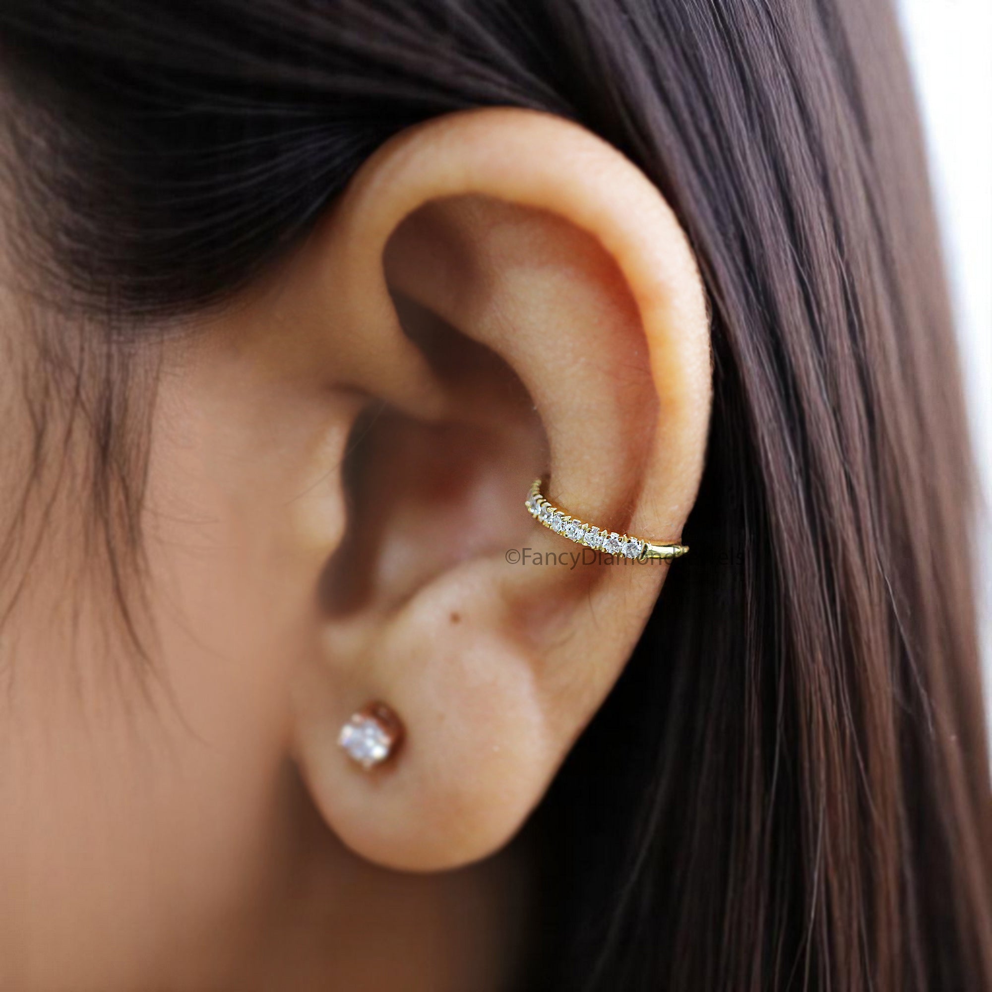 Round Brilliant Cut Colorless Moissanite Diamond Ear Cuff Conch Ear Cuff Tiny gold ear cuff Helix Piercing Sterling Silver Ear Wrap FD367