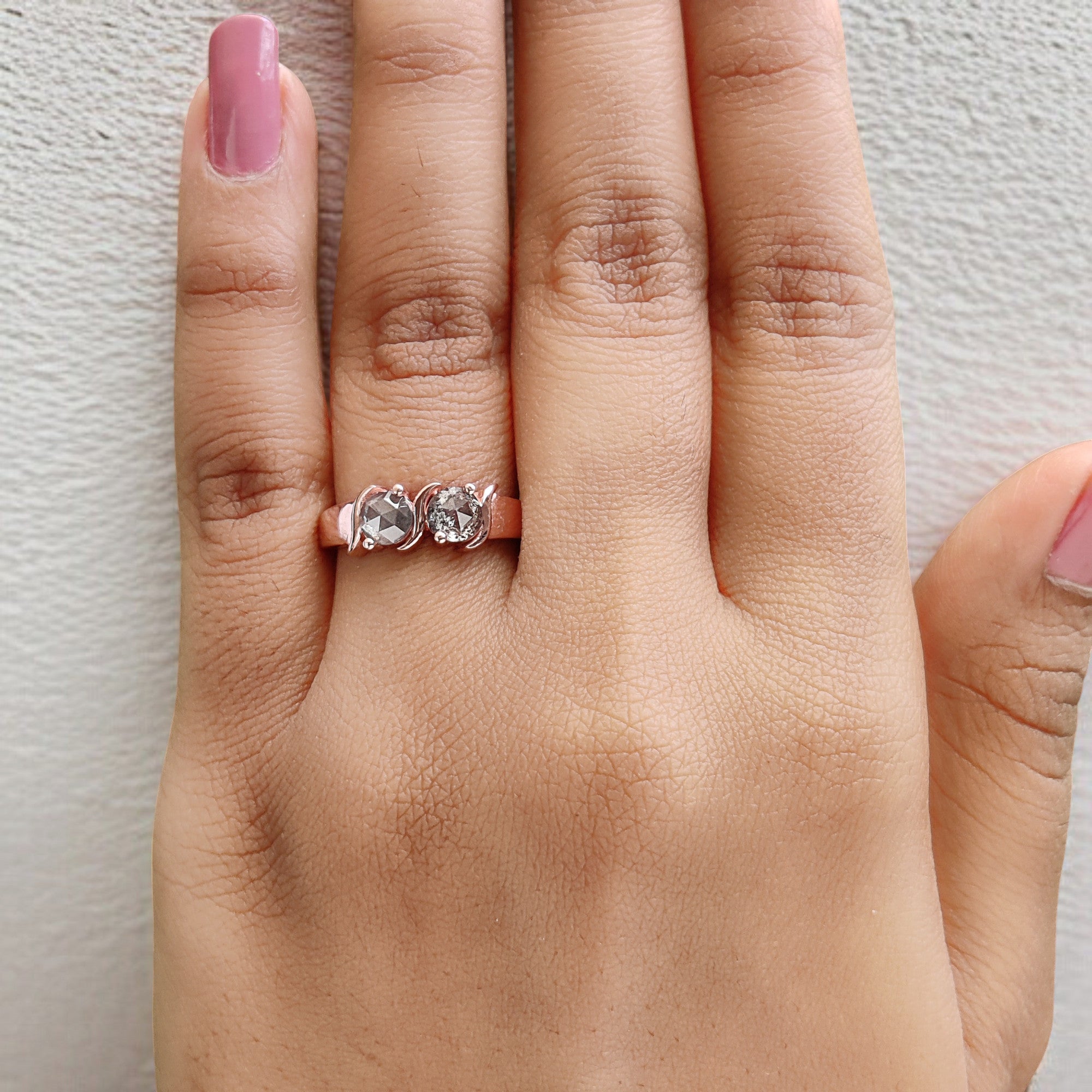 Round Rose Cut Salt And Pepper Diamond Ring 0.95 Ct 4.60 MM Round Diamond Ring 14K Rose Gold Silver Engagement Ring Gift For Her QL1006