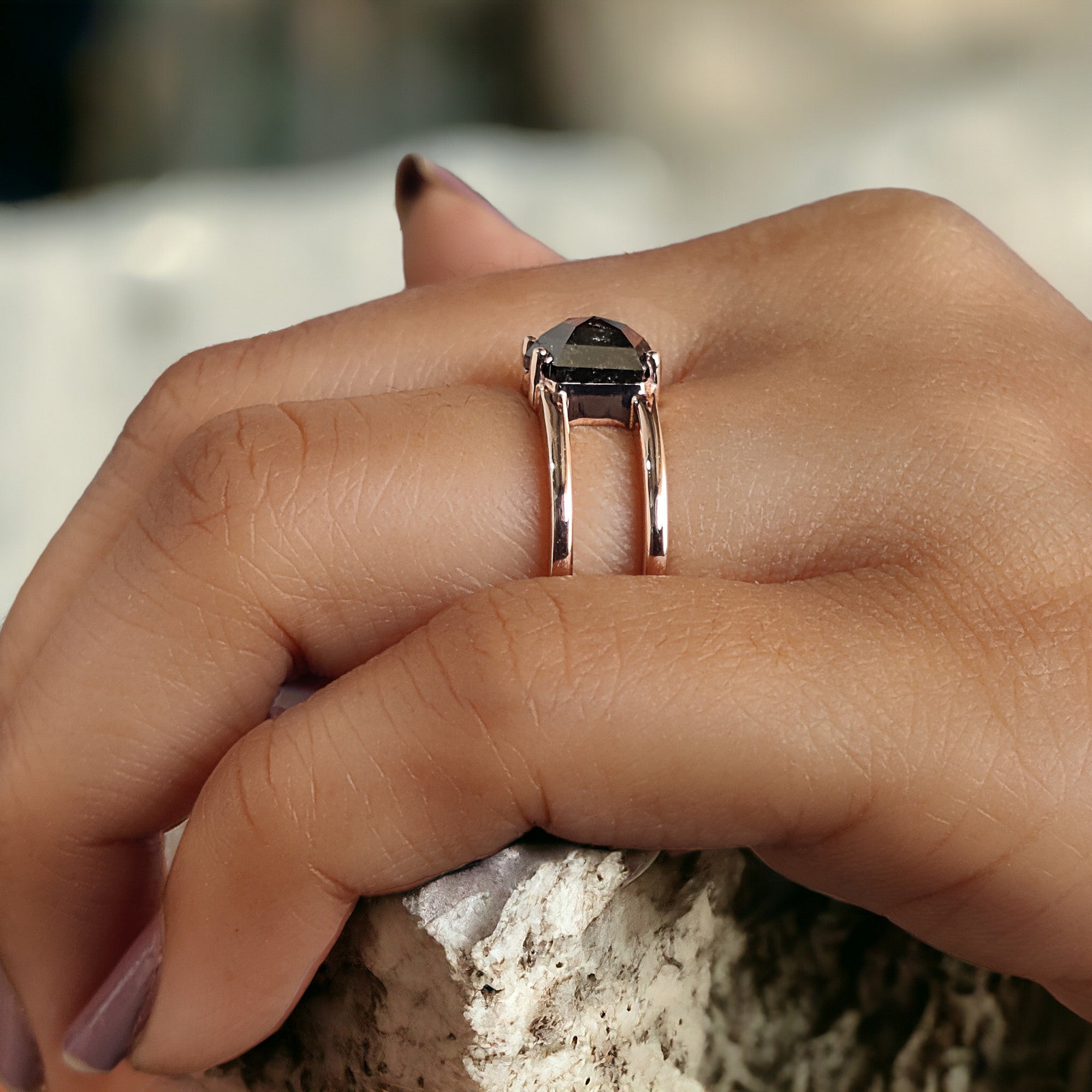 Hexagon Cut Salt And Pepper Diamond Ring 1.93 Ct 7.95 MM Hexagon Diamond Ring 14K Solid Rose Gold Silver Engagement Ring Gift For Her QL2264