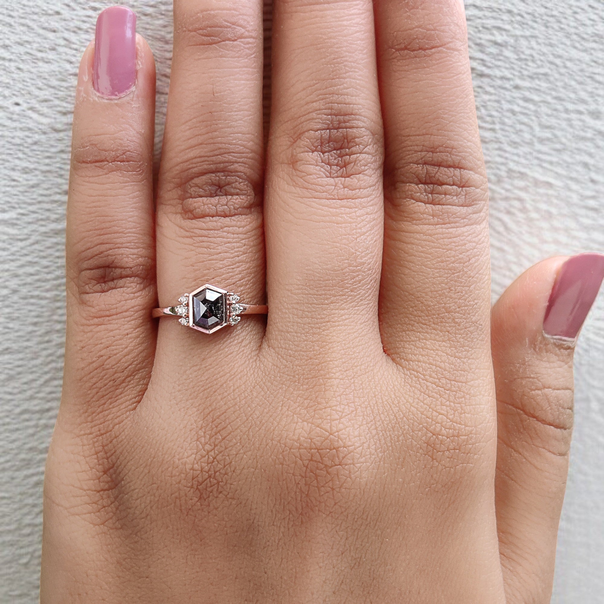 Hexagon Cut Salt And Pepper Diamond Ring 0.83 Ct 6.50 MM Hexagon Cut Diamond Ring 14K Rose Gold Silver Engagement Ring Gift For Her QL1503