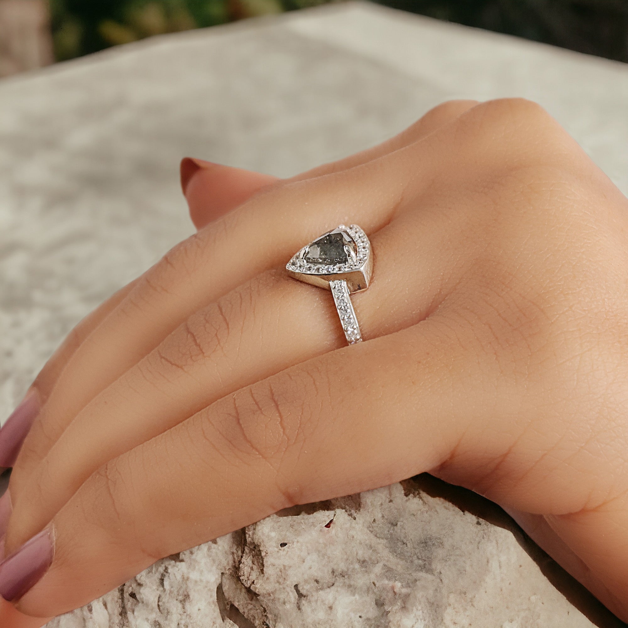 Triangle Salt And Pepper Diamond Ring 1.03 Ct 6.40 MM Triangle Diamond Ring 14K Solid White Gold Silver Engagement Ring Gift For Her QN9302