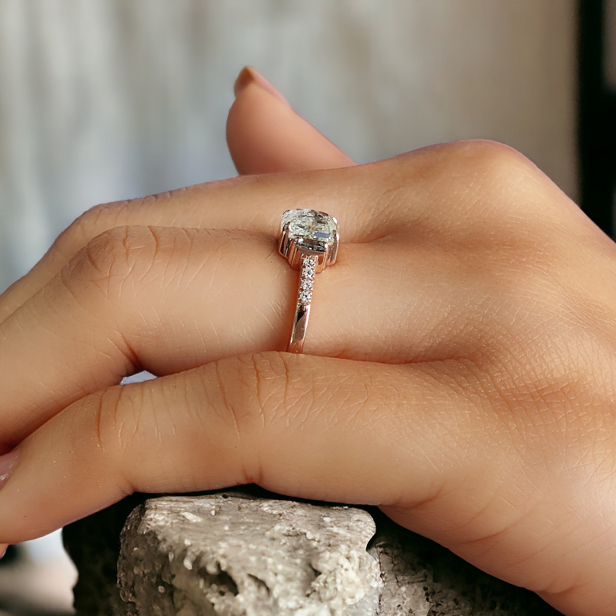 Emerald Cut Salt And Pepper Diamond Ring 1.05 Ct 6.28 MM Emerald Diamond Ring 14K Rose Gold Silver Engagement Ring Gift For Her QL2581