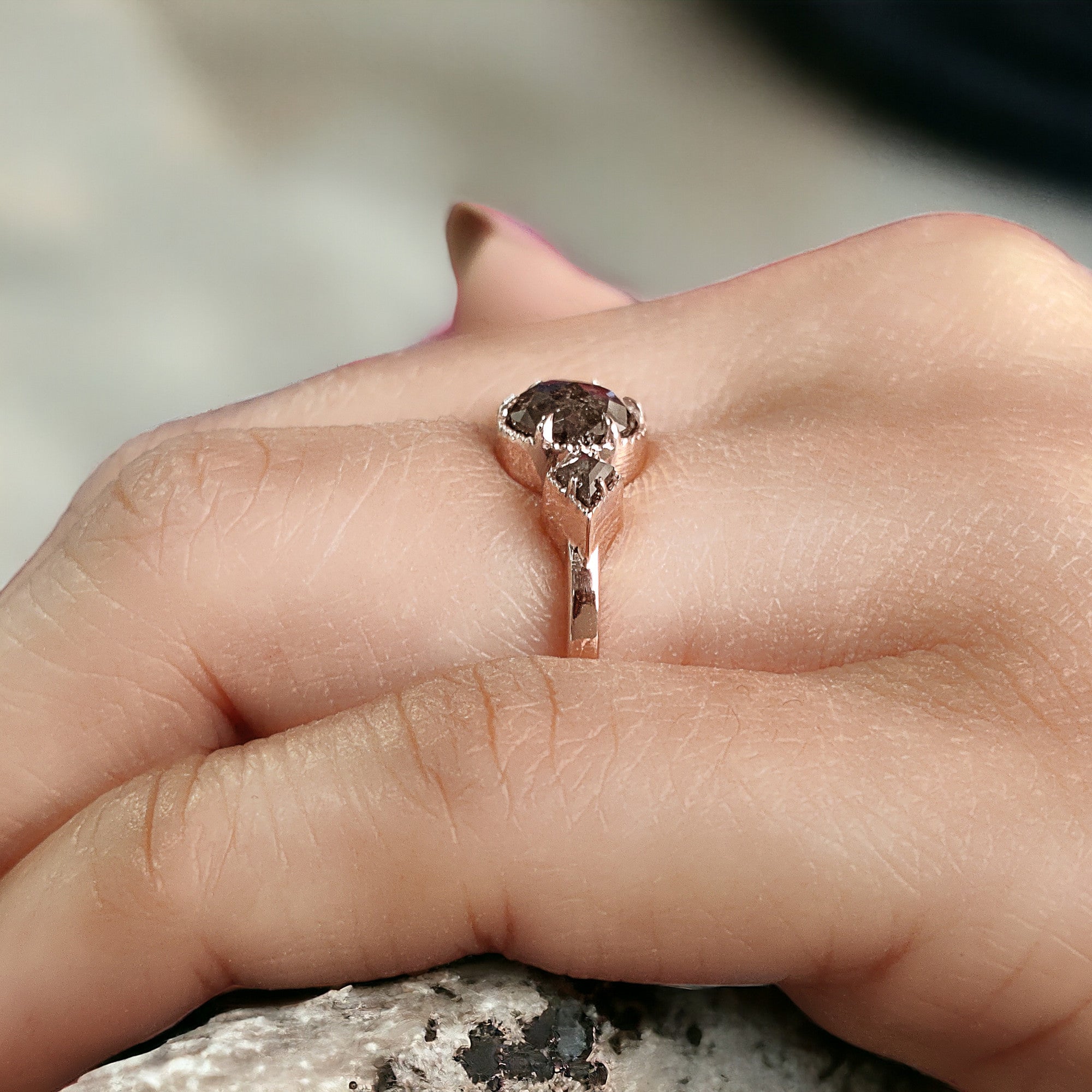 Round Rose Cut Salt And Pepper Diamond Ring 1.08 Ct 6.35 MM Round Diamond Ring 14K Rose Gold Silver Engagement Ring Gift For Her QL1402