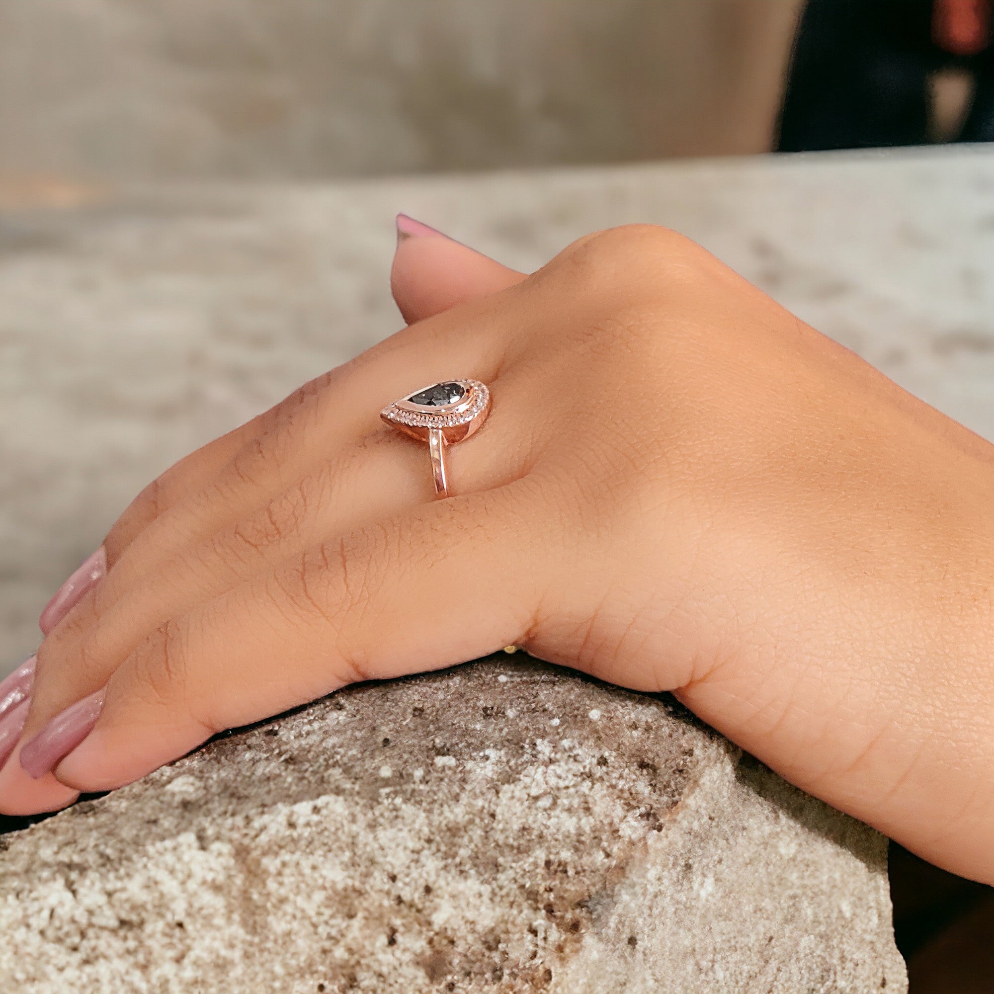 Pear Cut Salt And Pepper Diamond Ring 0.53 Ct 6.75 MM Pear Diamond Ring 14K Solid Rose Gold Silver Engagement Pear Ring Gift For Her QN8743