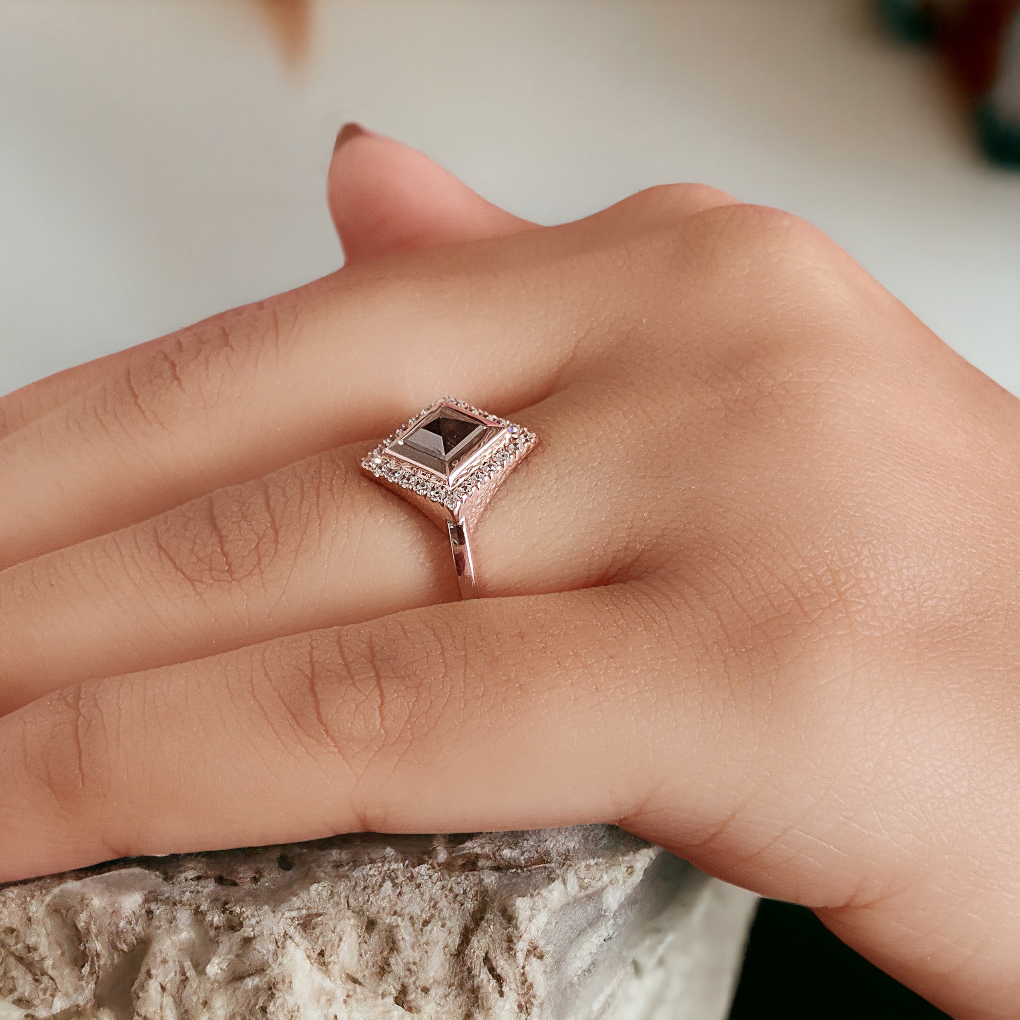 Kite Cut Salt And Pepper Diamond Ring 0.94 Ct 7.50 MM Kite Diamond Ring 14K Solid Rose Gold Silver Kite Engagement Ring Gift For Her QN489