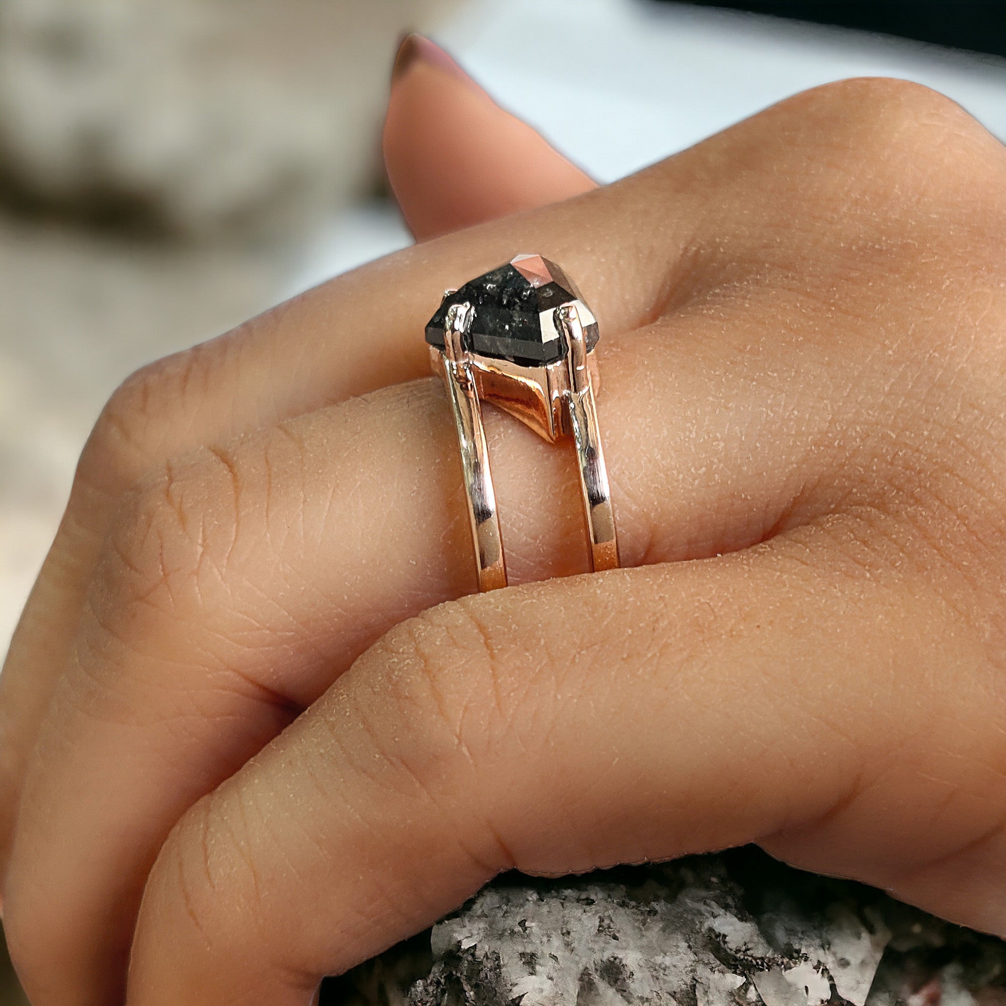 Shield Cut Salt And Pepper Diamond Ring 3.47 Ct 8.75 MM Shield Diamond Ring 14K Solid Rose Gold Silver Engagement Ring Gift For Her QL962