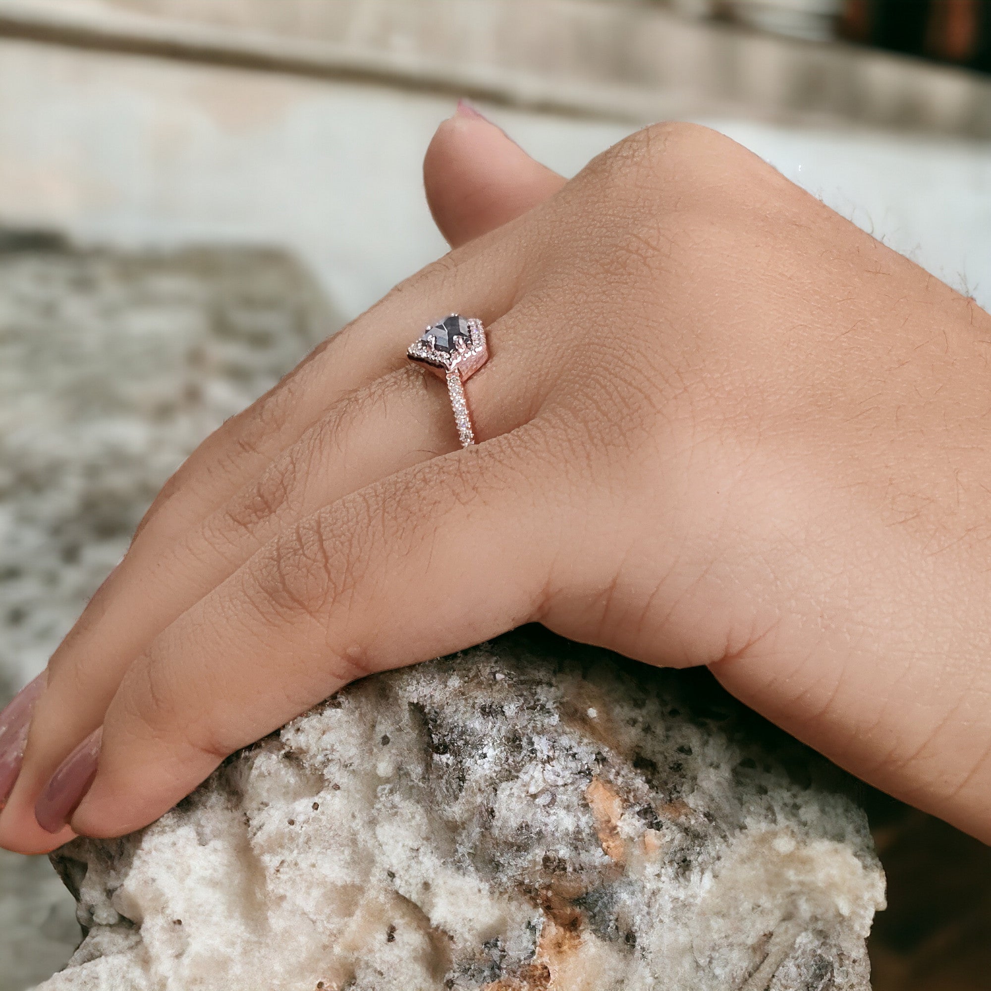 Shield Cut Salt And Pepper Diamond Ring 0.50 Ct 4.45 MM Shield Diamond Ring 14K Solid Rose Gold Silver Engagement Ring Gift For Her QL192