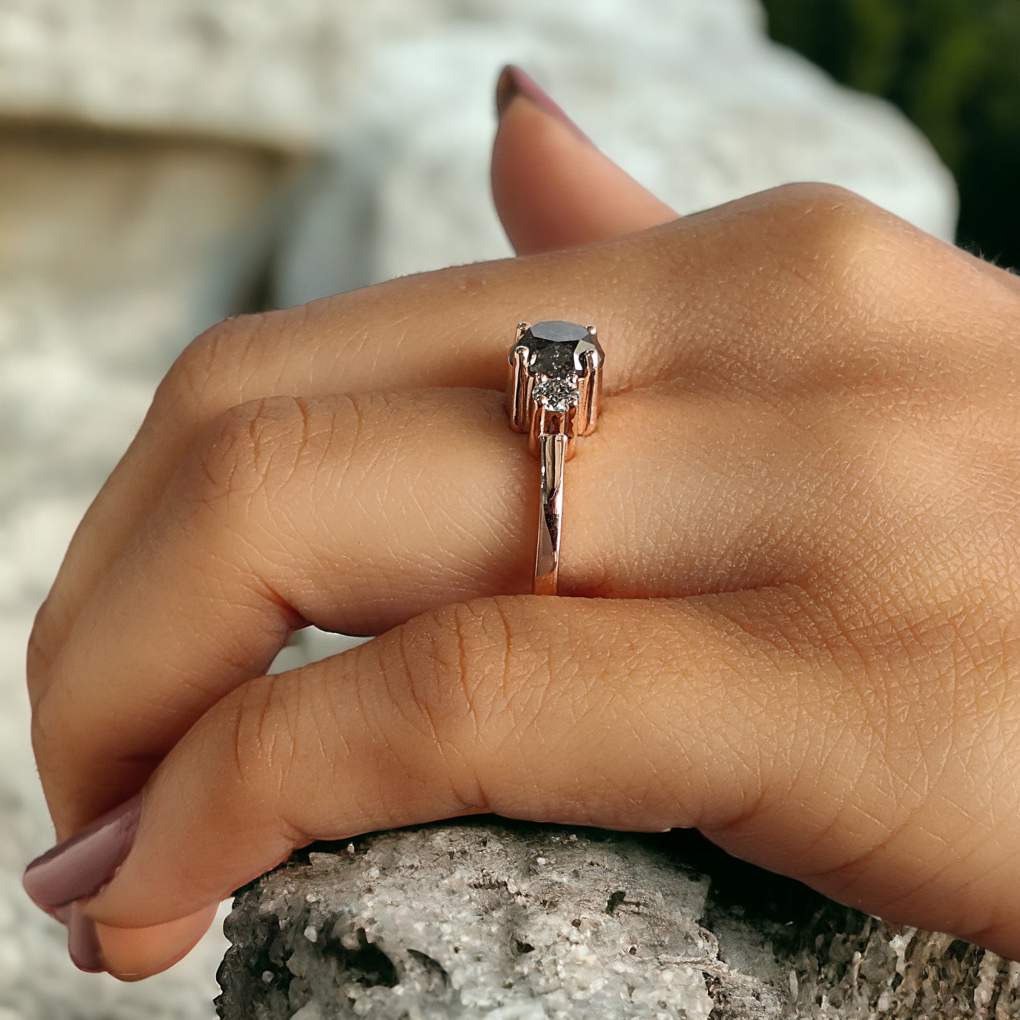 Round Cut Salt And Pepper Diamond Ring 1.47 Ct 6.45 MM Round Diamond Ring 14K Solid Rose Gold Silver Engagement Ring Gift For Her QN9377