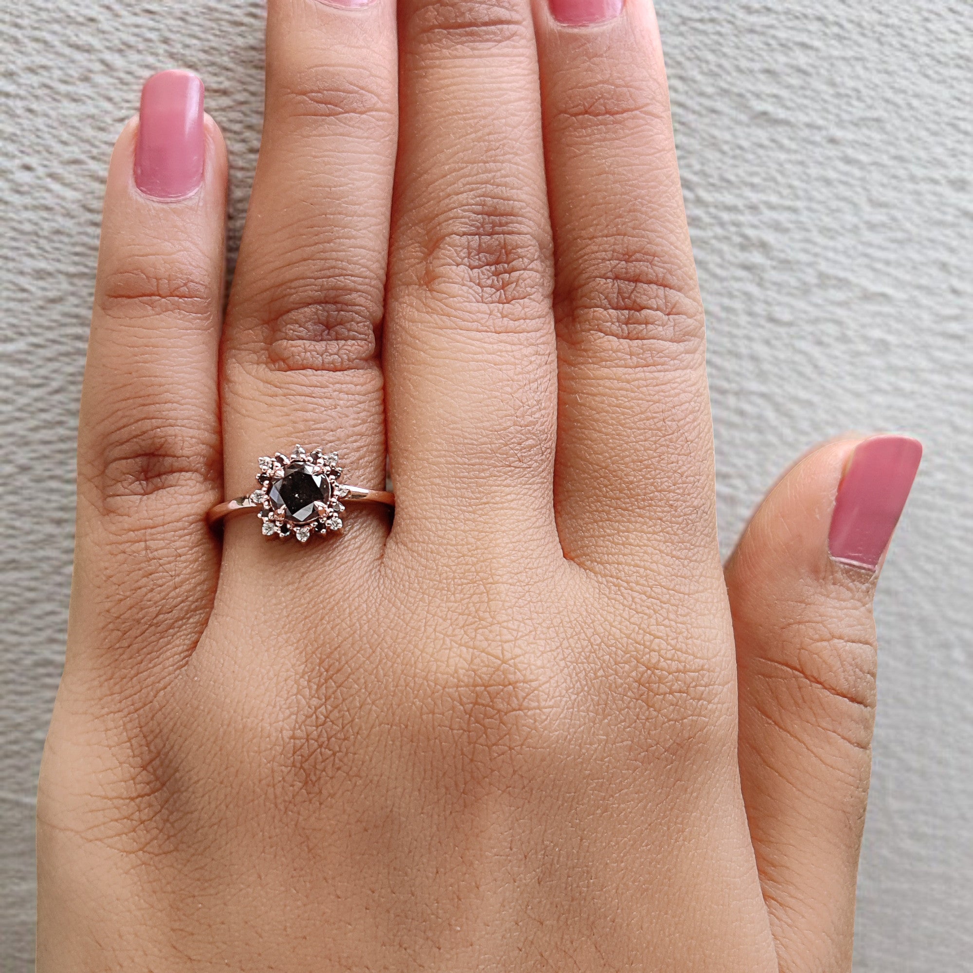 Round Cut Salt And Pepper Diamond Ring 0.83 Ct 5.69 MM Round Diamond Ring 14K Solid Rose Gold Silver Engagement Ring Gift For Her QL2168