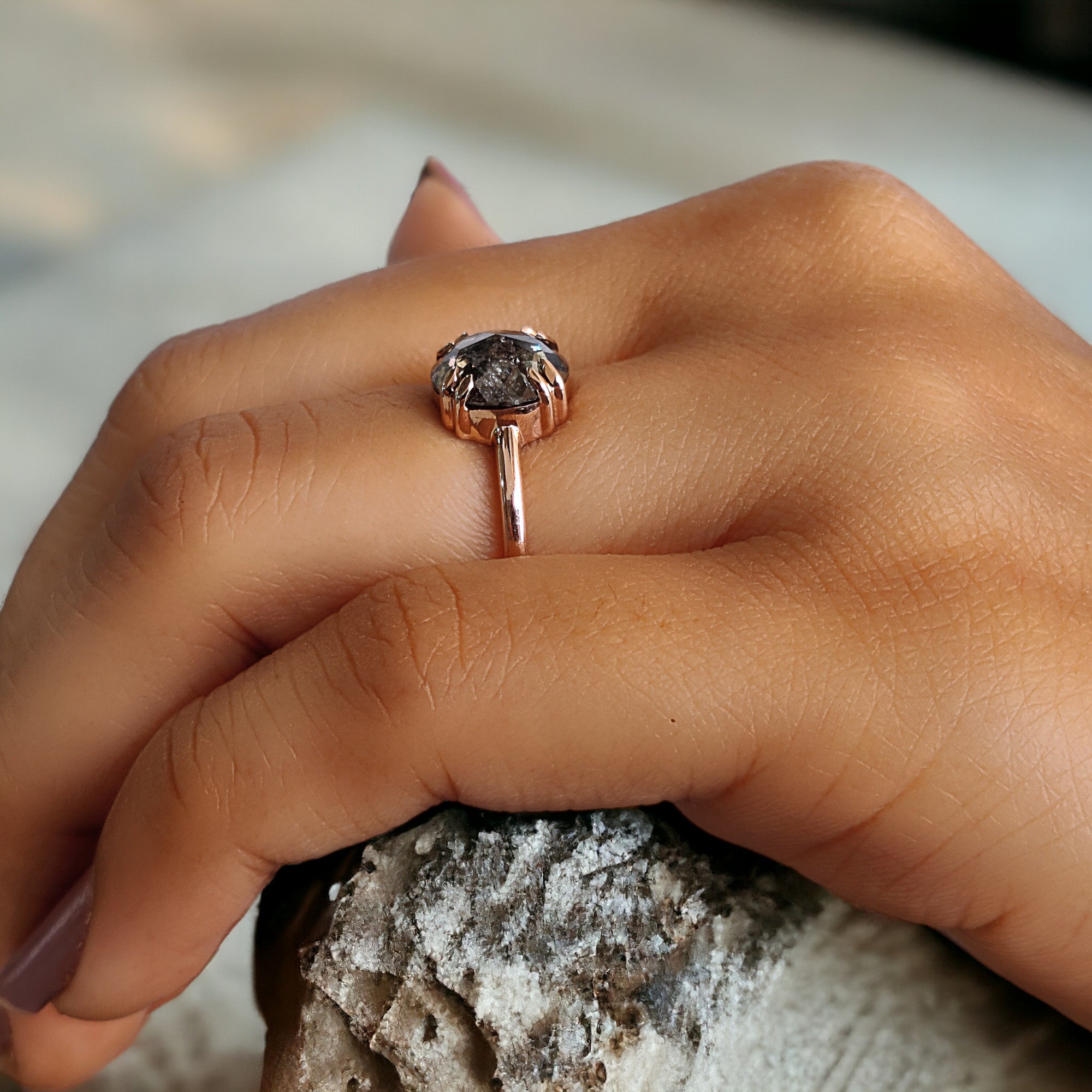 Round Rose Cut Salt And Pepper Diamond Ring 2.32 Ct 8.54 MM Round Diamond Ring 14K Rose Gold Silver Engagement Ring Gift For Her QL2435