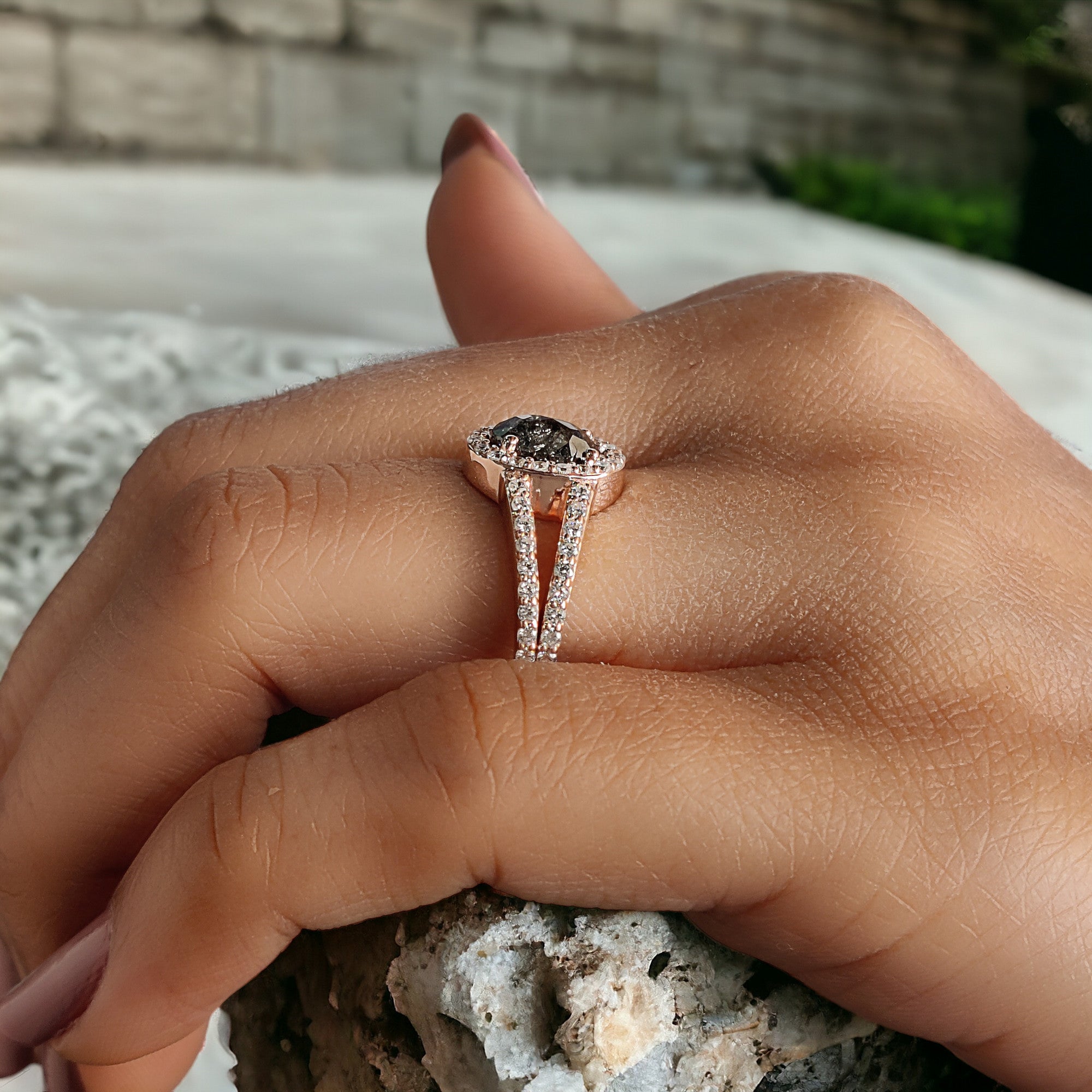 Oval Cut Salt And Pepper Diamond Ring 0.84 Ct 6.95 MM Oval Diamond Ring 14K Solid Rose Gold Silver Oval Engagement Ring Gift For Her QN829