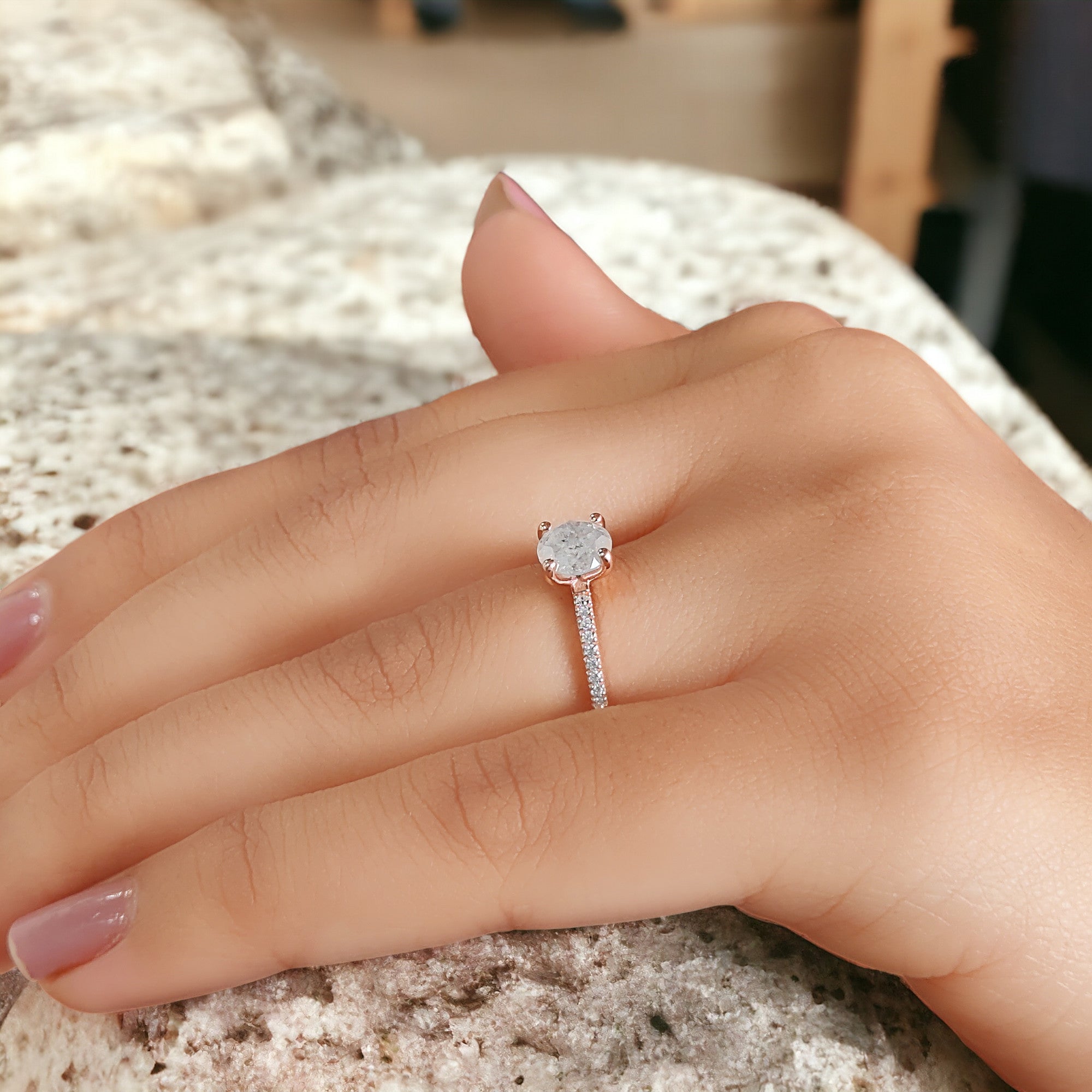 0.86 Ct Natural Round Shape Grey Color Diamond Ring 5.95 MM Round Rose Cut Diamond Ring 14K Solid Rose Gold Silver Engagement Ring QN1062