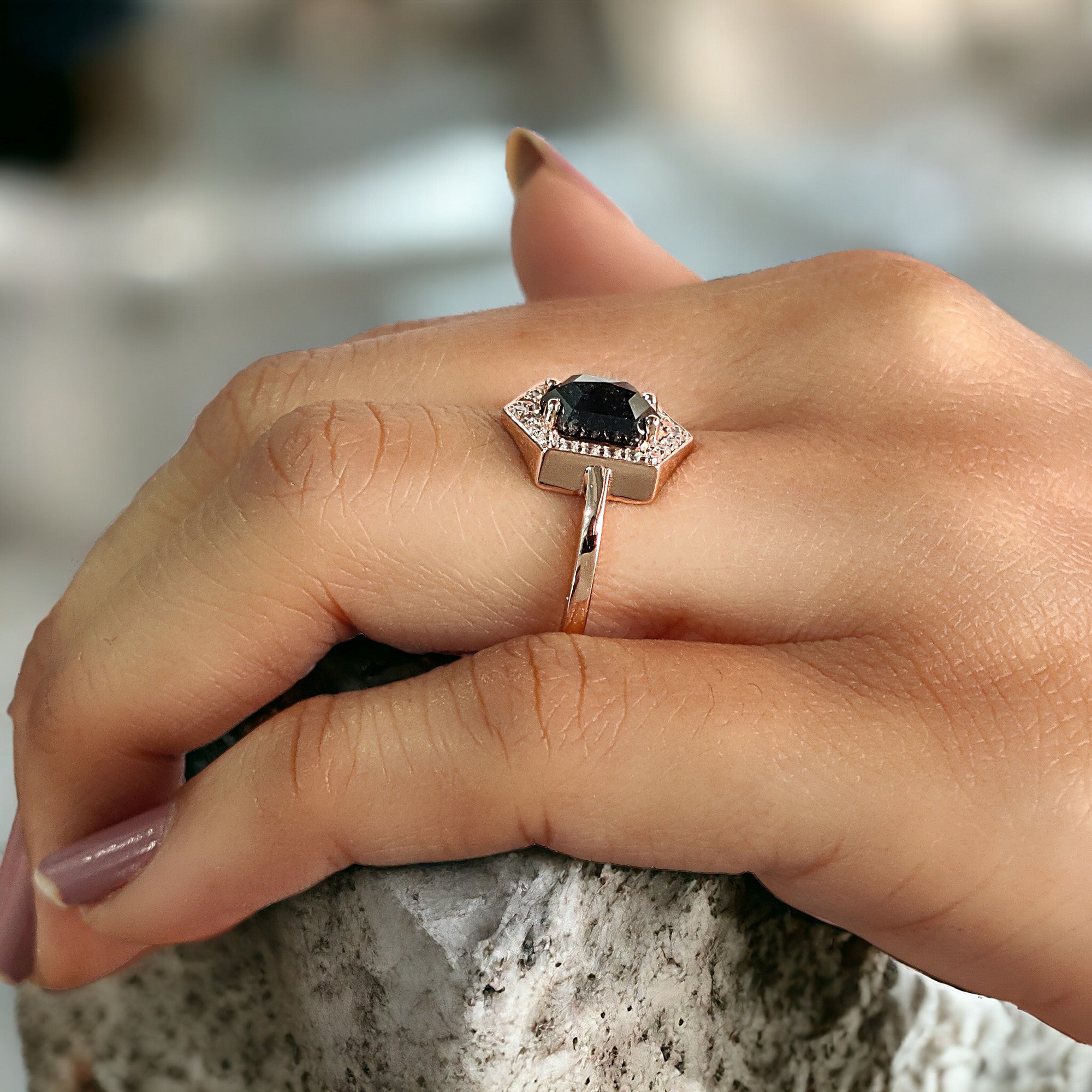 Hexagon Cut Salt And Pepper Diamond Ring 1.55 Ct 8.00 MM Hexagon Diamond Ring 14K Solid Rose Gold Silver Engagement Ring Gift For Her QL734