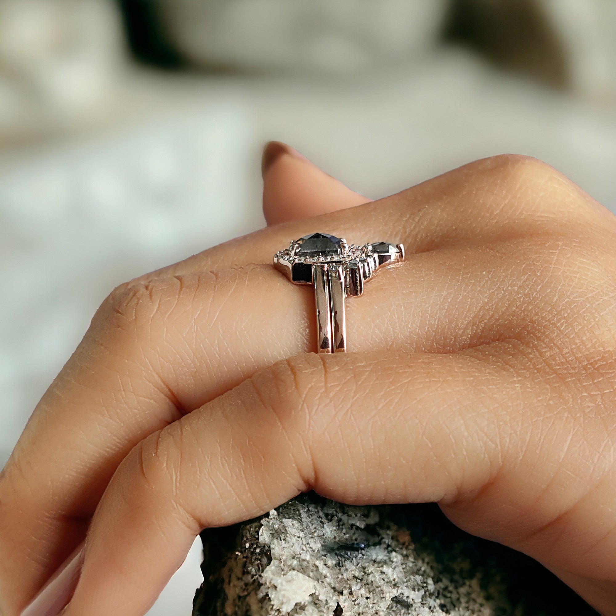 Hexagon Salt And Pepper Diamond Ring 0.80 Ct 6.30 MM Hexagon Cut Diamond Ring 14K Solid Rose Gold Silver Engagement Ring Gift For Her QL637