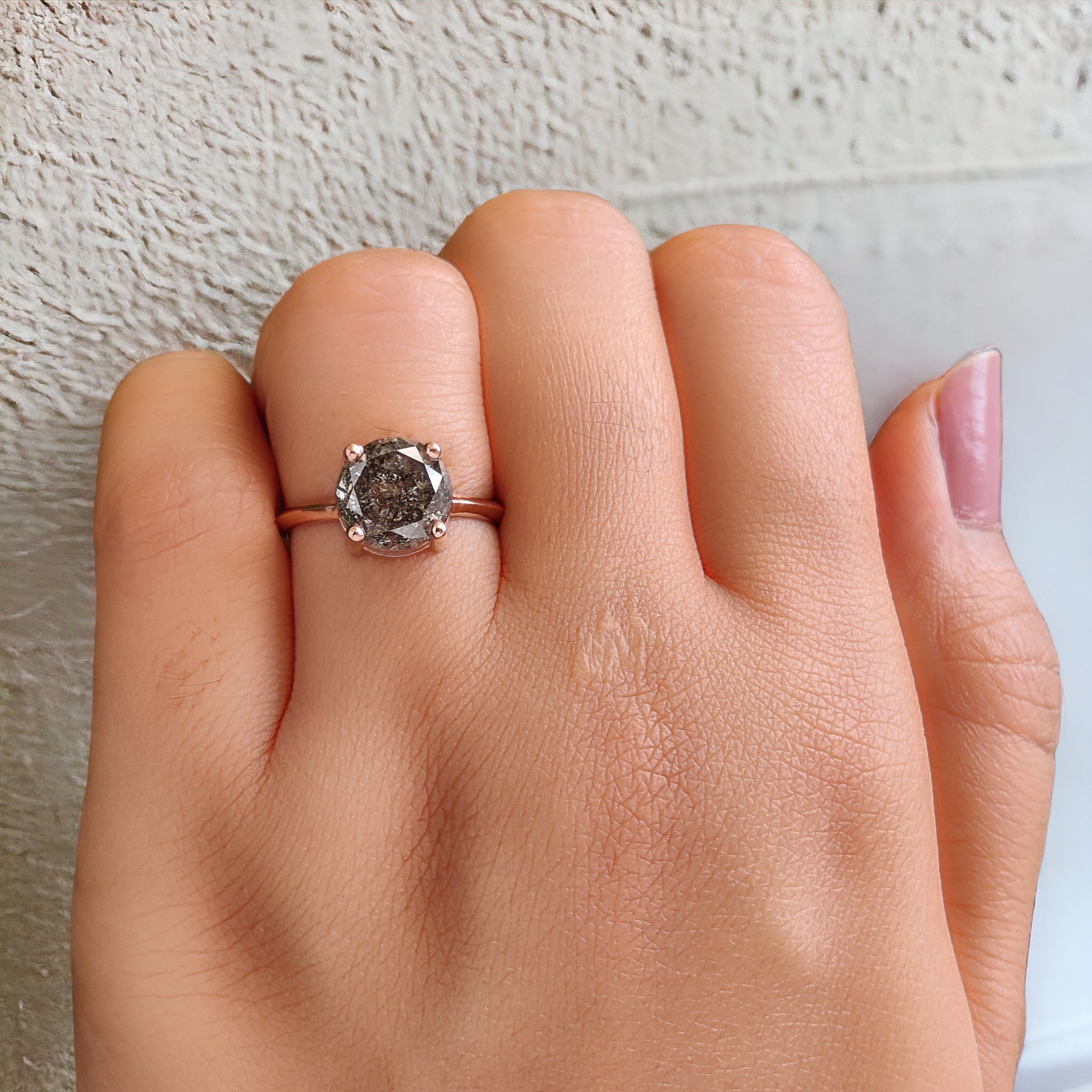 Round Cut Salt And Pepper Diamond Ring 3.37 Ct 8.77 MM Round Diamond Ring 14K Solid Rose Gold Silver Engagement Ring Gift For Her QL2303