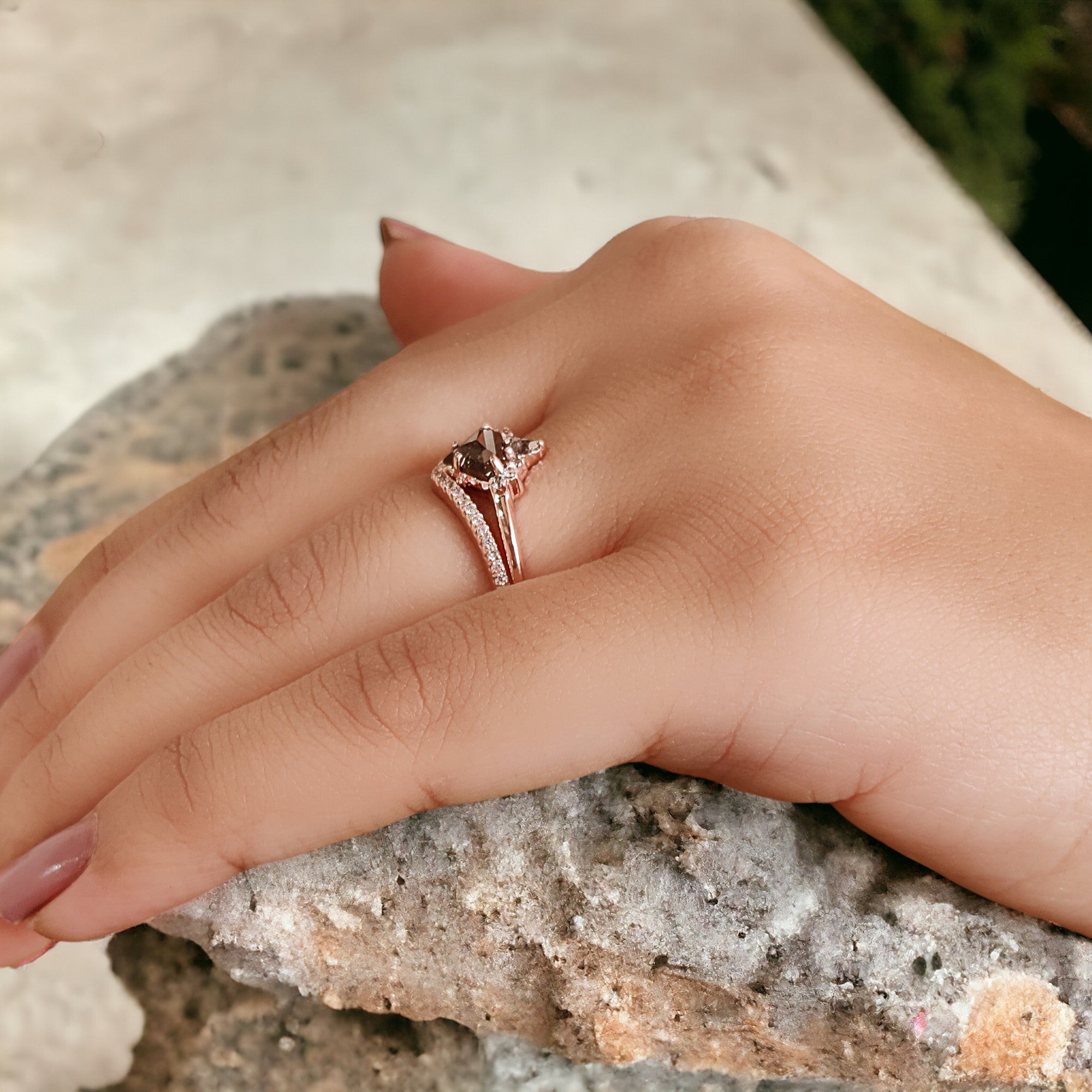 Shield Cut Salt And Pepper Diamond Ring 0.66 Ct 5.20 MM Shield Diamond Ring 14K Solid Rose Gold Silver Engagement Ring Gift For Her QN1177