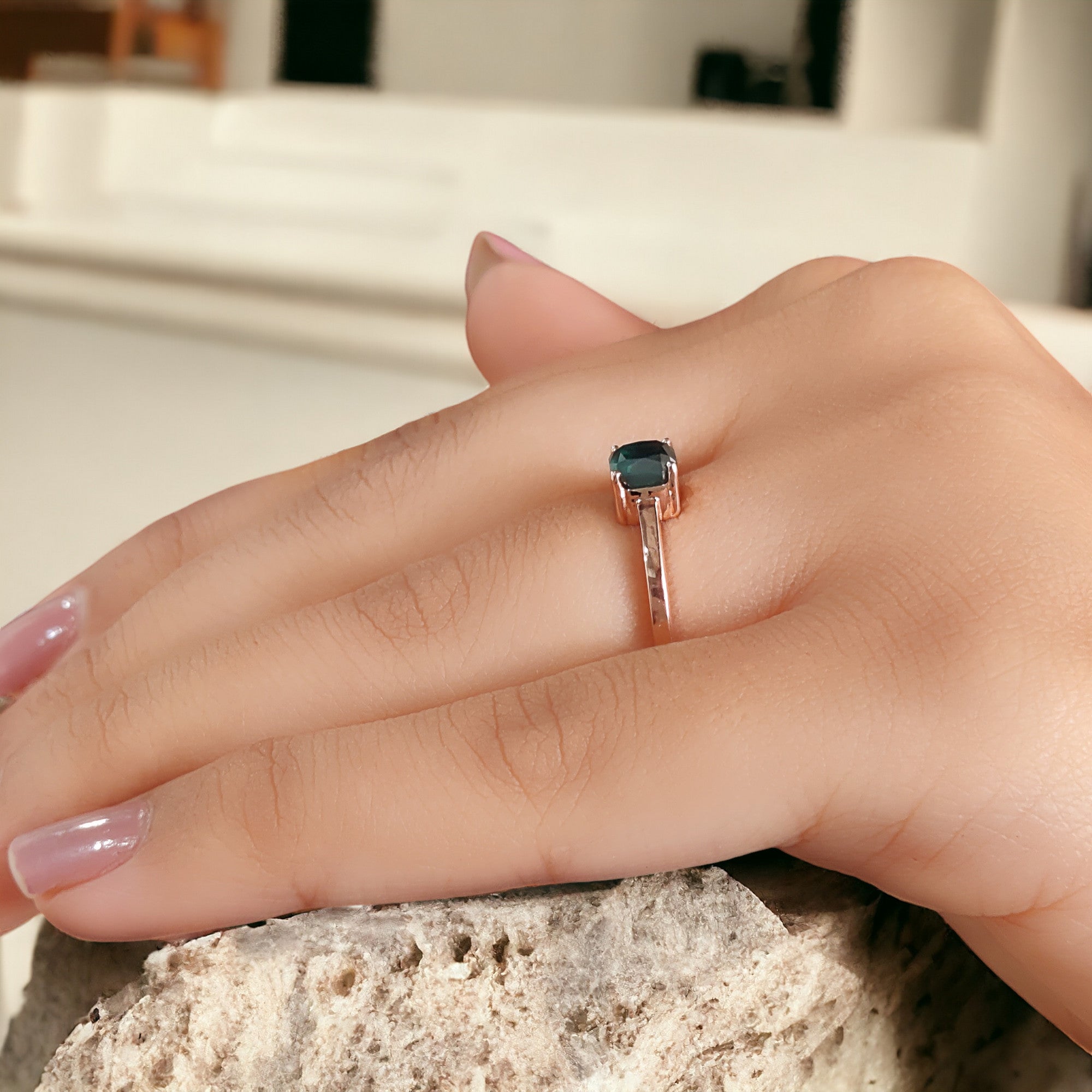 Cushion Shape Blue Color Diamond Ring 0.87 Ct 5.00 MM Cushion Diamond Ring 14K Solid Rose Gold Silver Engagement Ring Gift For Her QN9848