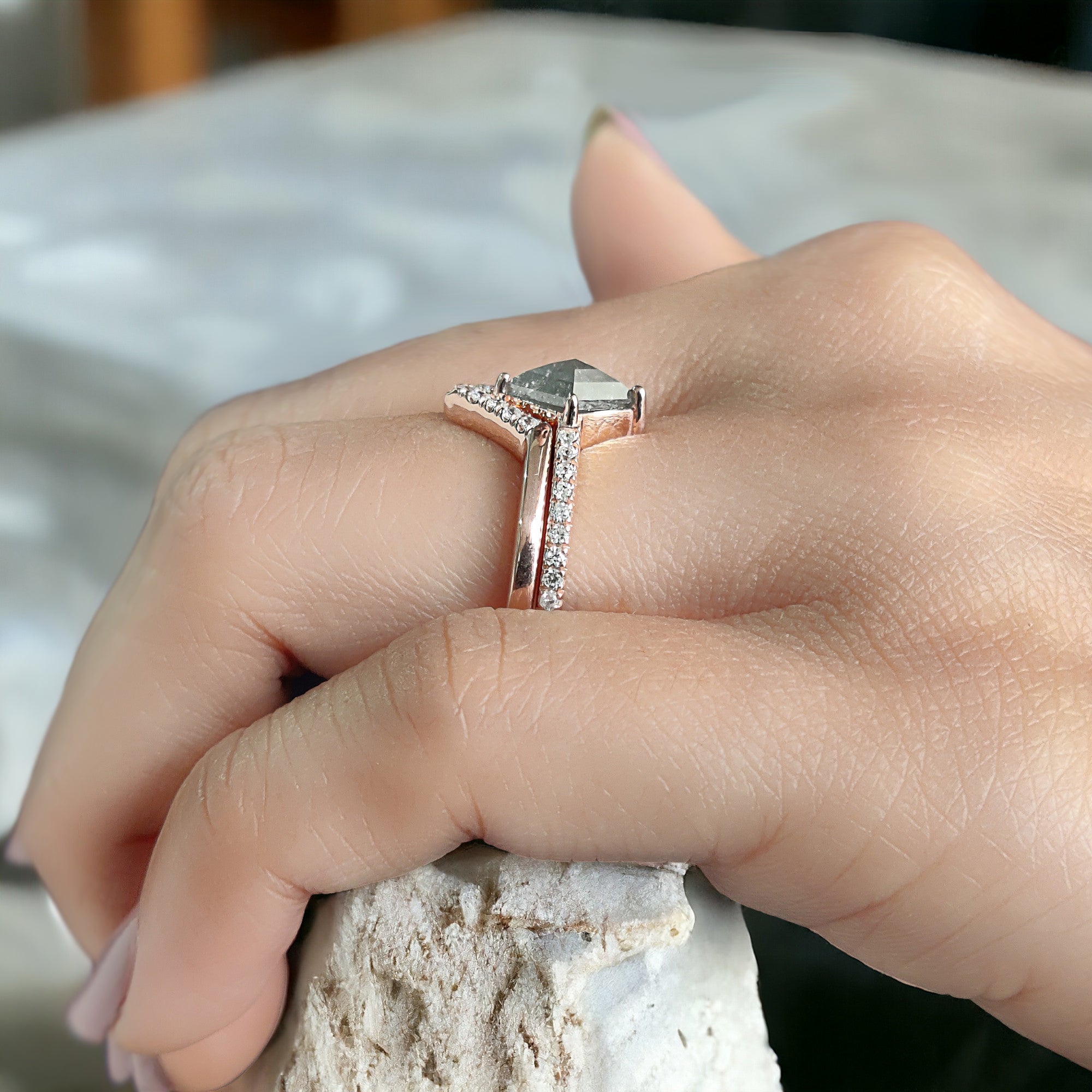 Kite Cut Salt And Pepper Diamond Ring 0.97 Ct 8.45 MM Kite Diamond Ring 14K Solid Rose Gold Silver Kite Engagement Ring Gift For Her QL3065