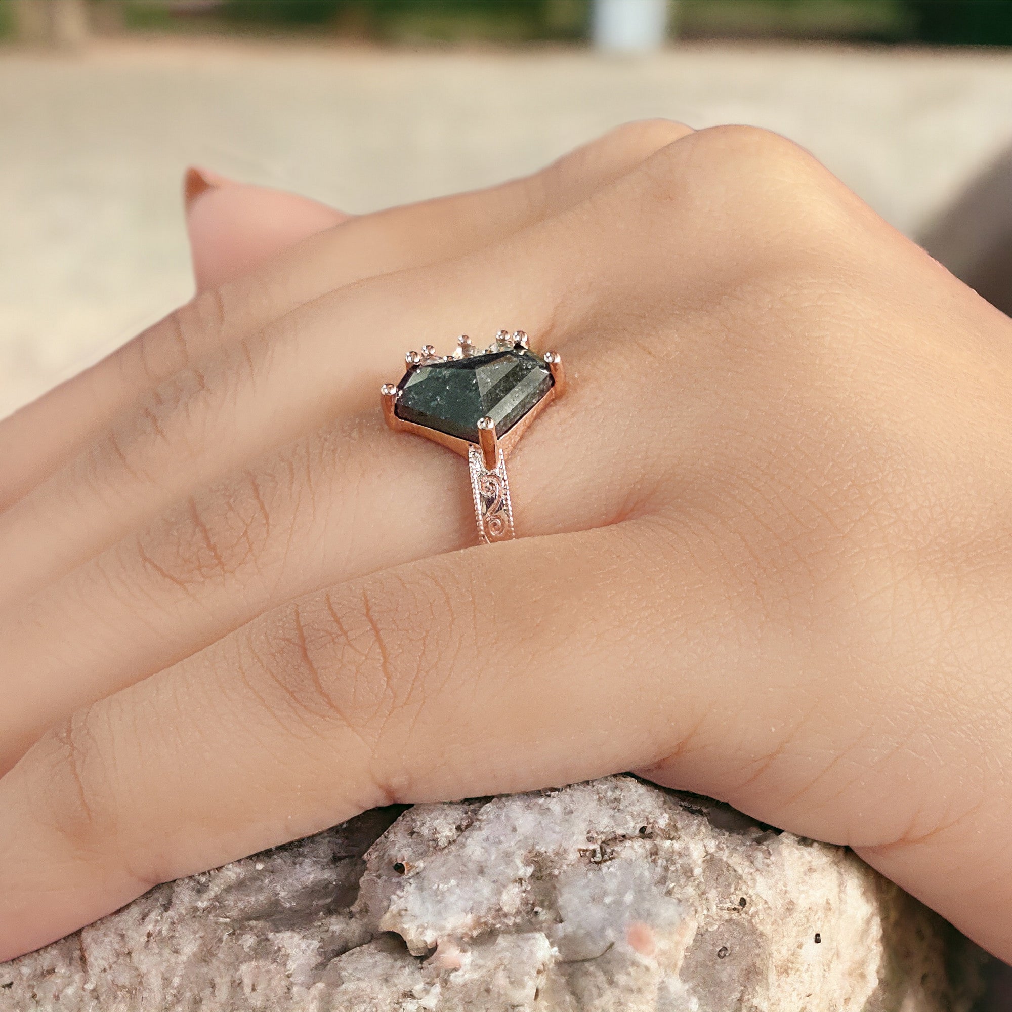 Shield Cut Salt And Pepper Diamond Ring 2.85 Ct 7.80 MM Shield Diamond Ring 14K Solid Rose Gold Silver Engagement Ring Gift For Her QL8767