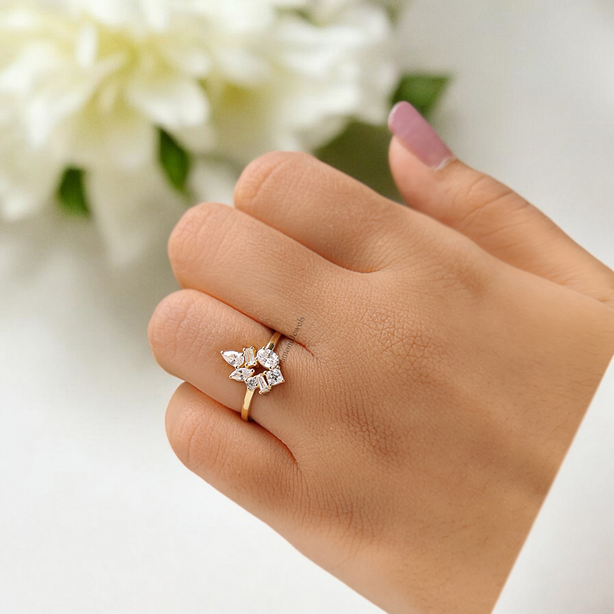 Mix Shape Moissanite Bridal Ring Multi Diamond Ring Engagement Ring Mixed Size Stones Wedding Ring 14K Solid Gold Anniversary Ring FD255