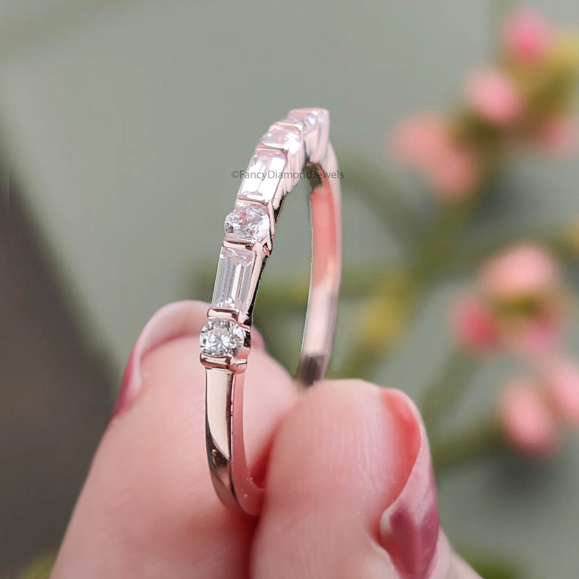 Baguette And Round Diamond Wedding Band Silver/10K/14K/18K Gold Half Eternity Minimalist stacking dainty matching anniversary ring KD893