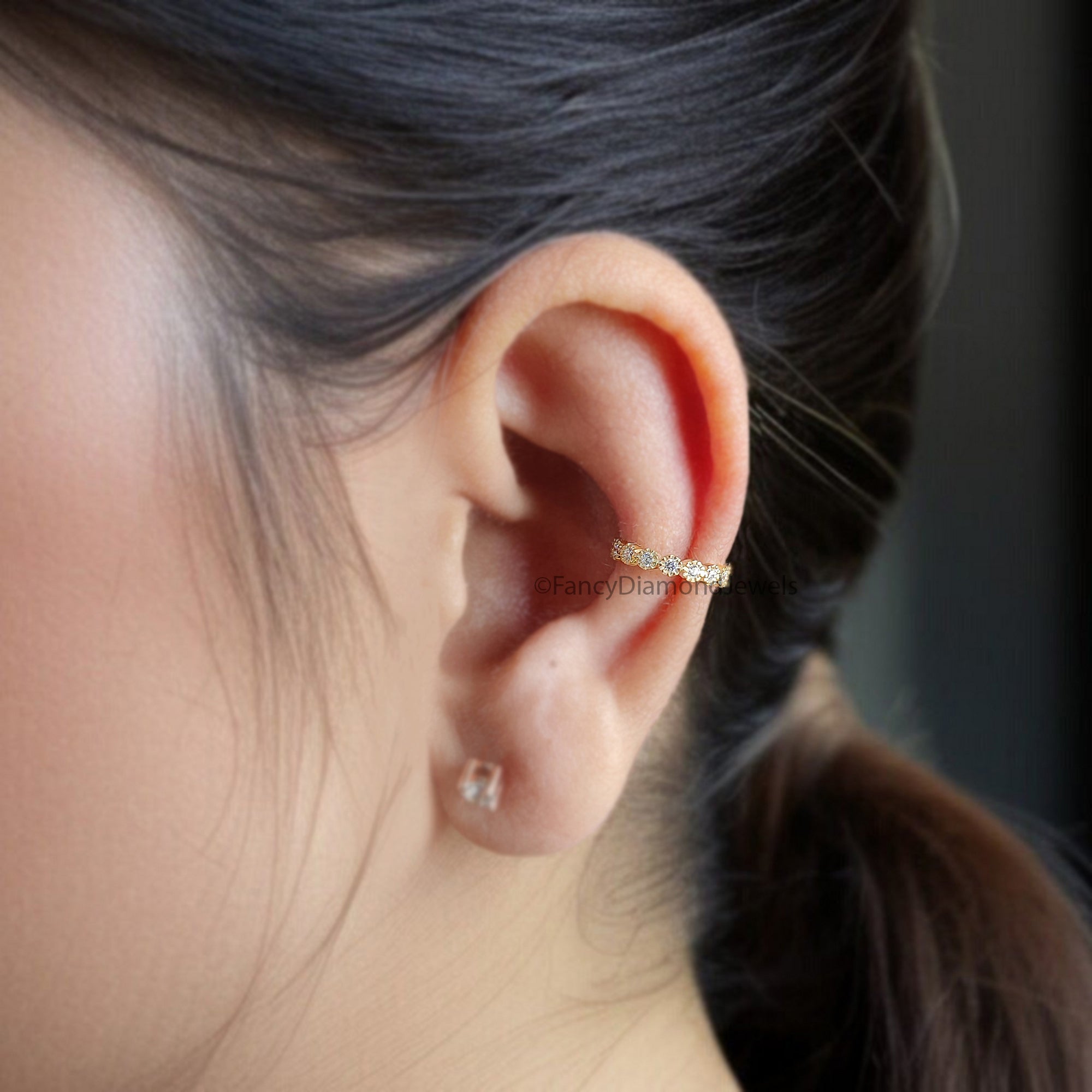 Round Brilliant Cut Colorless Moissanite Diamond Ear Cuff Conch Ear Cuff Sterling Silver Helix Piercing Yellow Gold Ear Wrap FD357