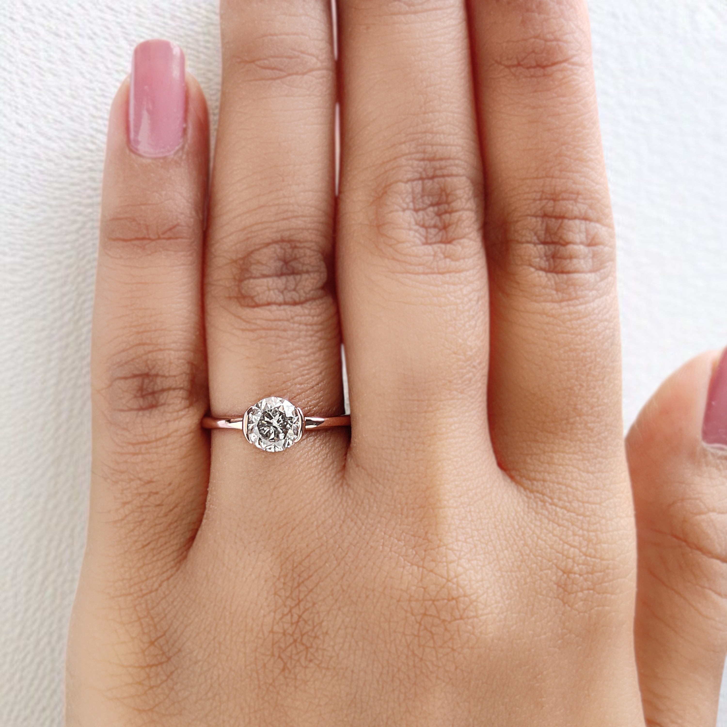 Round White-G Color Diamond Ring 1.02 Ct 6.06 MM Round Shape Diamond Wedding Ring Half Bezel Set Ring Engagement Ring Gift For Her KDL2641