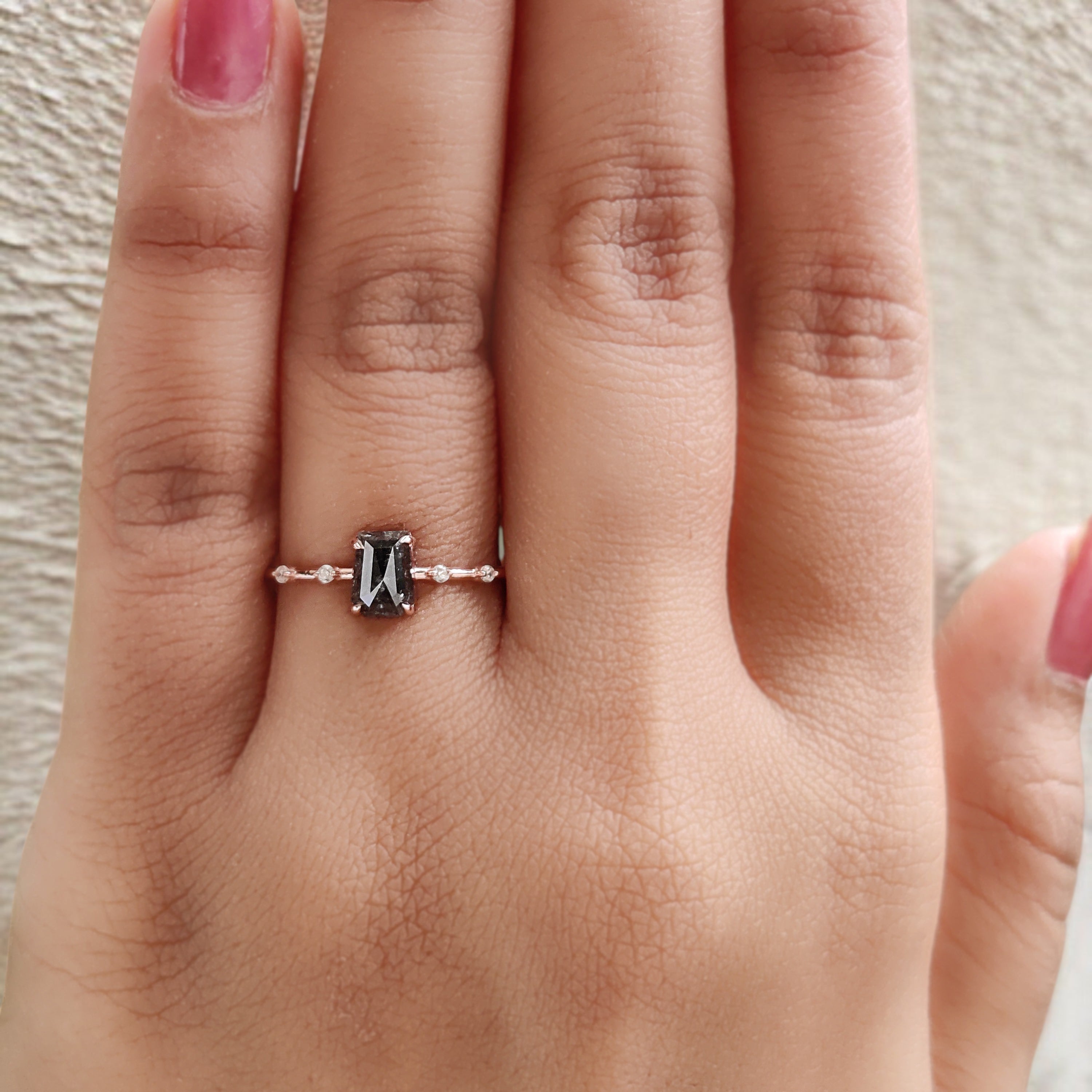 Coffin Cut Salt And Pepper Diamond Ring 0.87 Ct 6.00 MM Coffin Diamond Ring 14K Solid Rose Gold Silver Engagement Ring Gift For Her QN8841