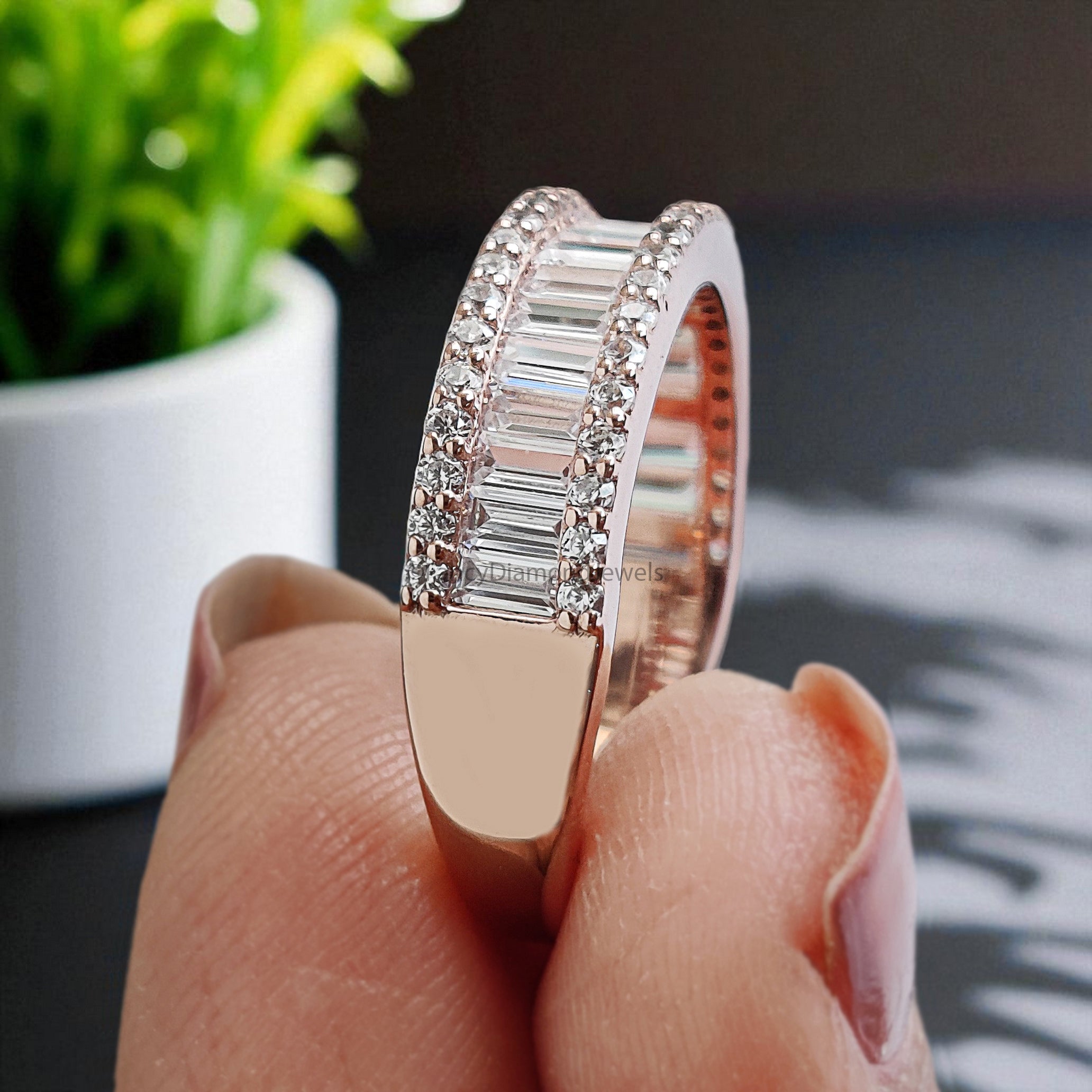 Natural Round / Baguette Diamond Wedding Band Half Eternity Minimalist stacking dainty matching Band Silver/10K/14K/18K Gold Band KD1168