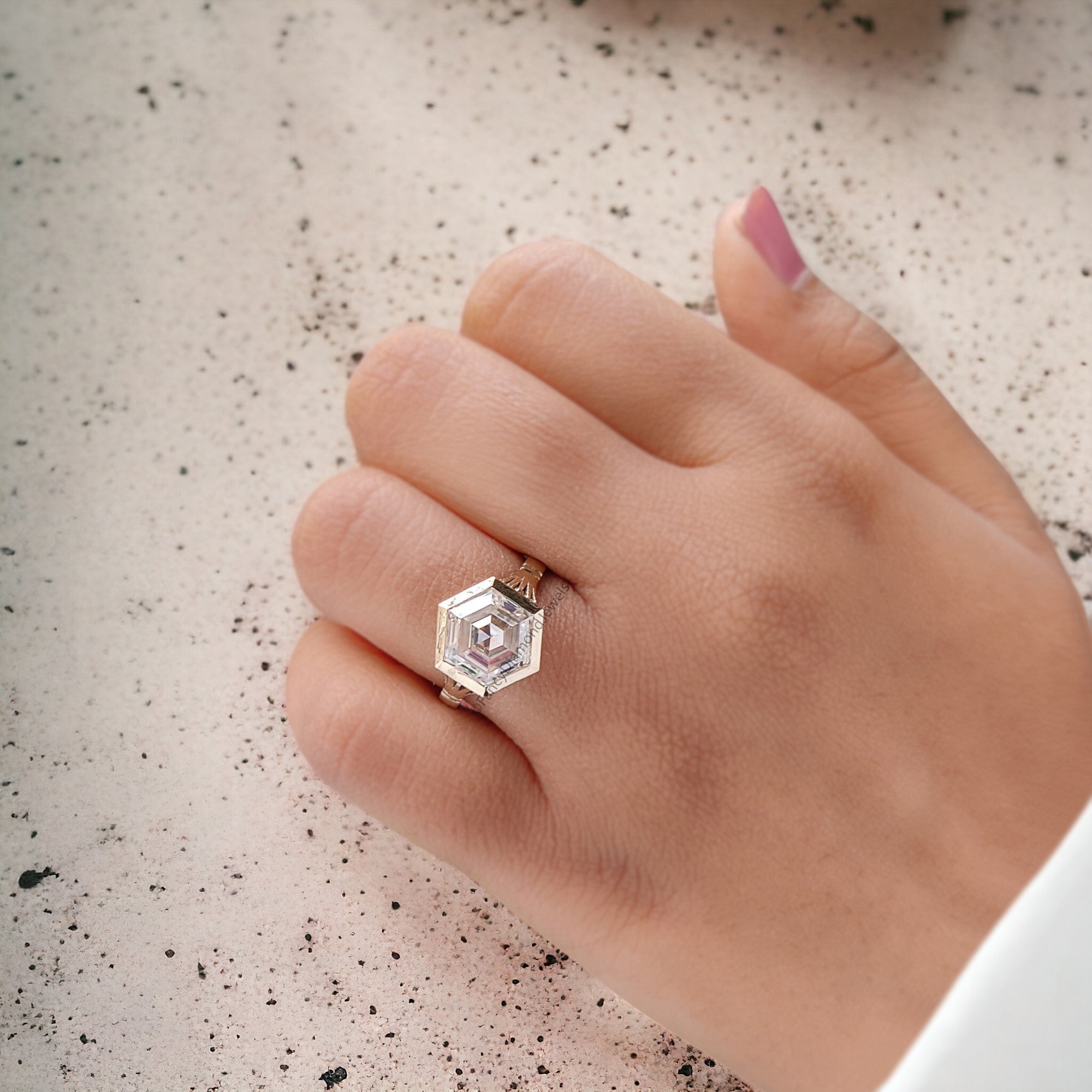 3.20 CT Elongated Hexagon Cut Moissanite Engagement Ring Yellow Gold Ring Bezel Set Art Deco Bridal Promise Anniversary Gift For Her FD316