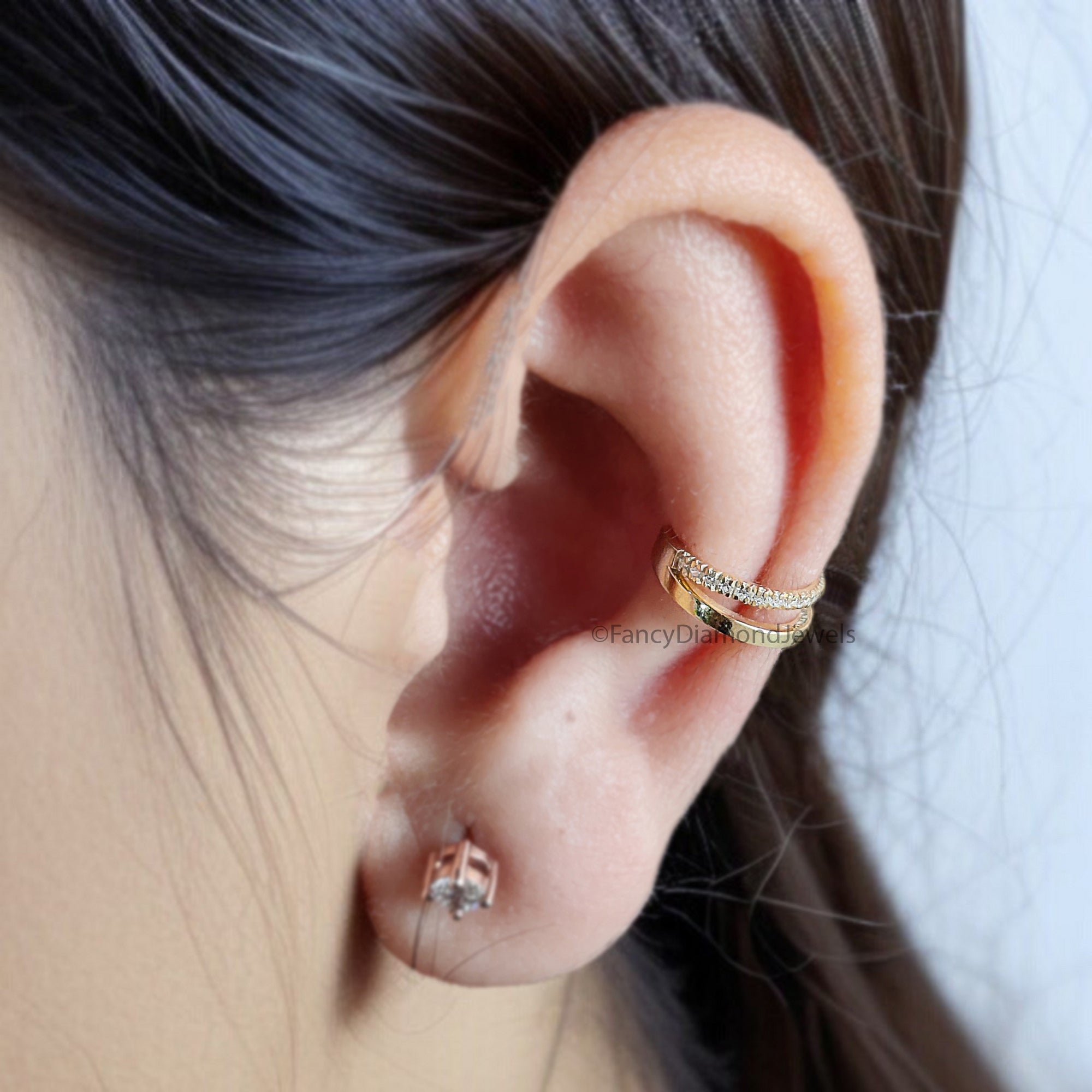 Round Brilliant Cut Colorless Moissanite Diamond Ear Cuff Double Band Ear Cuff Dainty Ear Cuff Yellow Gold Ear Wrap FD347