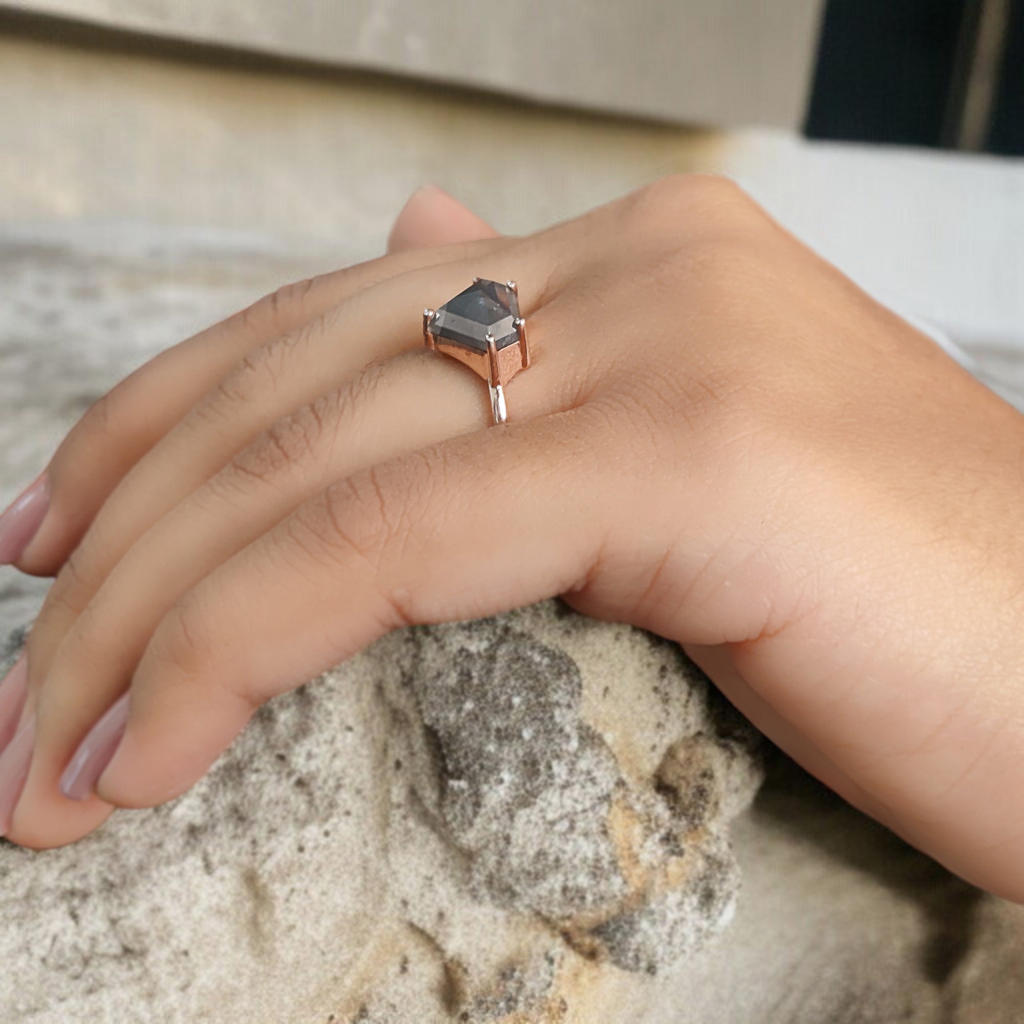 Shield Cut Salt And Pepper Diamond Ring 3.45 Ct 8.70 MM Shield Diamond Ring 14K Solid Rose Gold Silver Engagement Ring Gift For Her QL1055