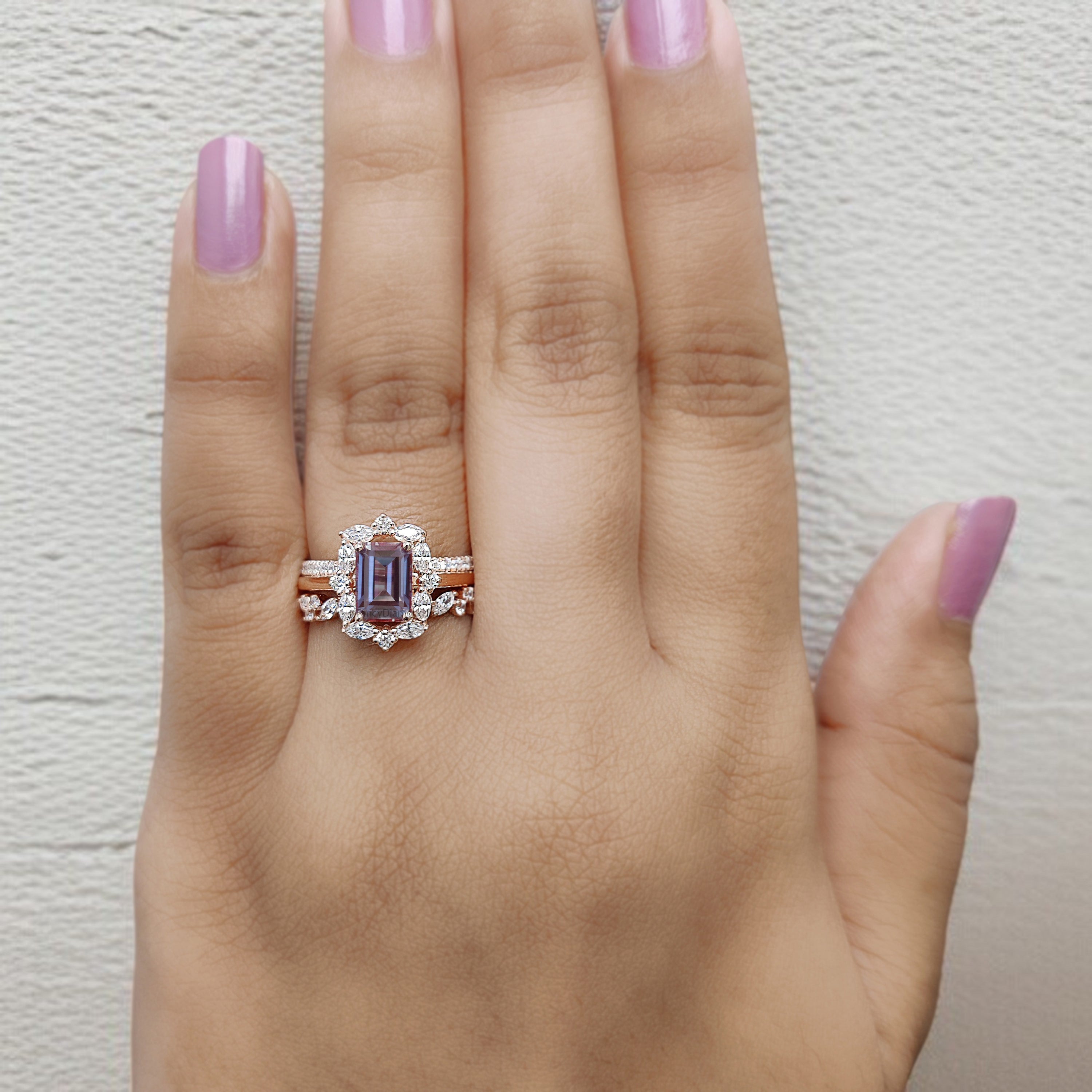 1.45 CT Emerald Cut Lab Alexandrite Engagement Ring Set Unique art deco Marquise halo Starburst Ring Round wedding ring Gift For Her FD417