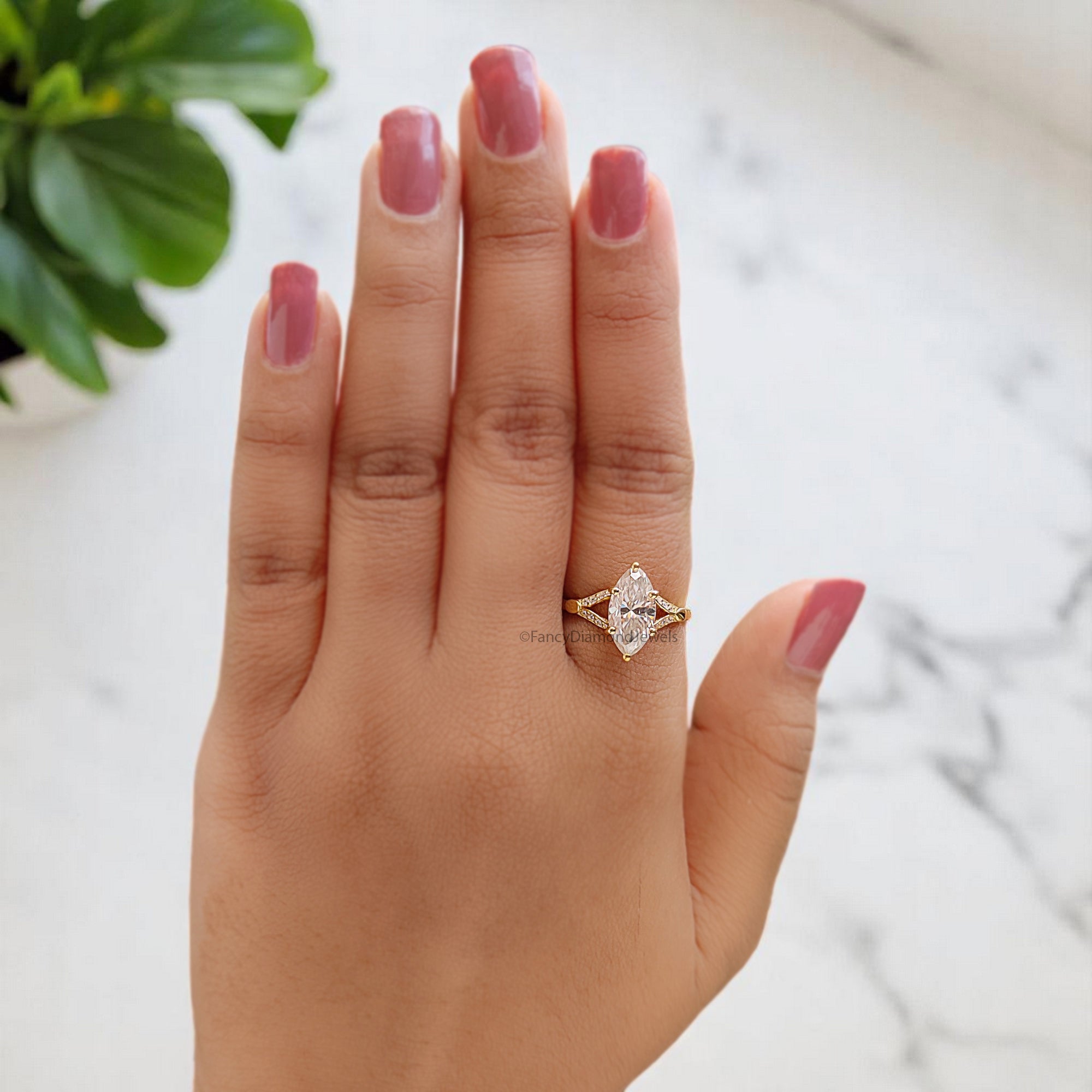 1.75 CT Marquise Cut Moissanite Engagement Ring Split Band Ring Bridal Ring Prong Set Ring Wedding Ring Yellow Gold Ring Promise Ring FD363