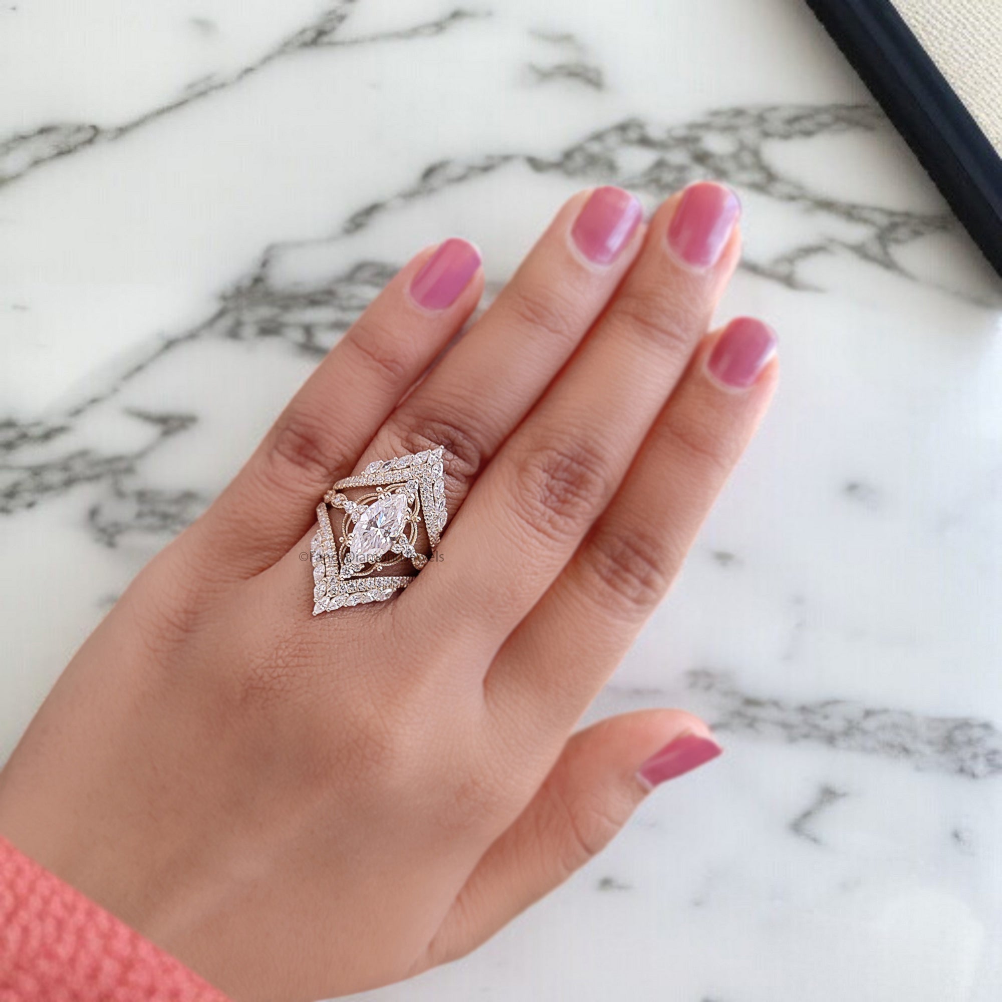 Marquise Moissanite Bridal Set 2pcs Moissanite Cage Ring Unique Engagement Ring Yellow Gold Vintage Wrap Ring Bridal Anniversary Ring FD318