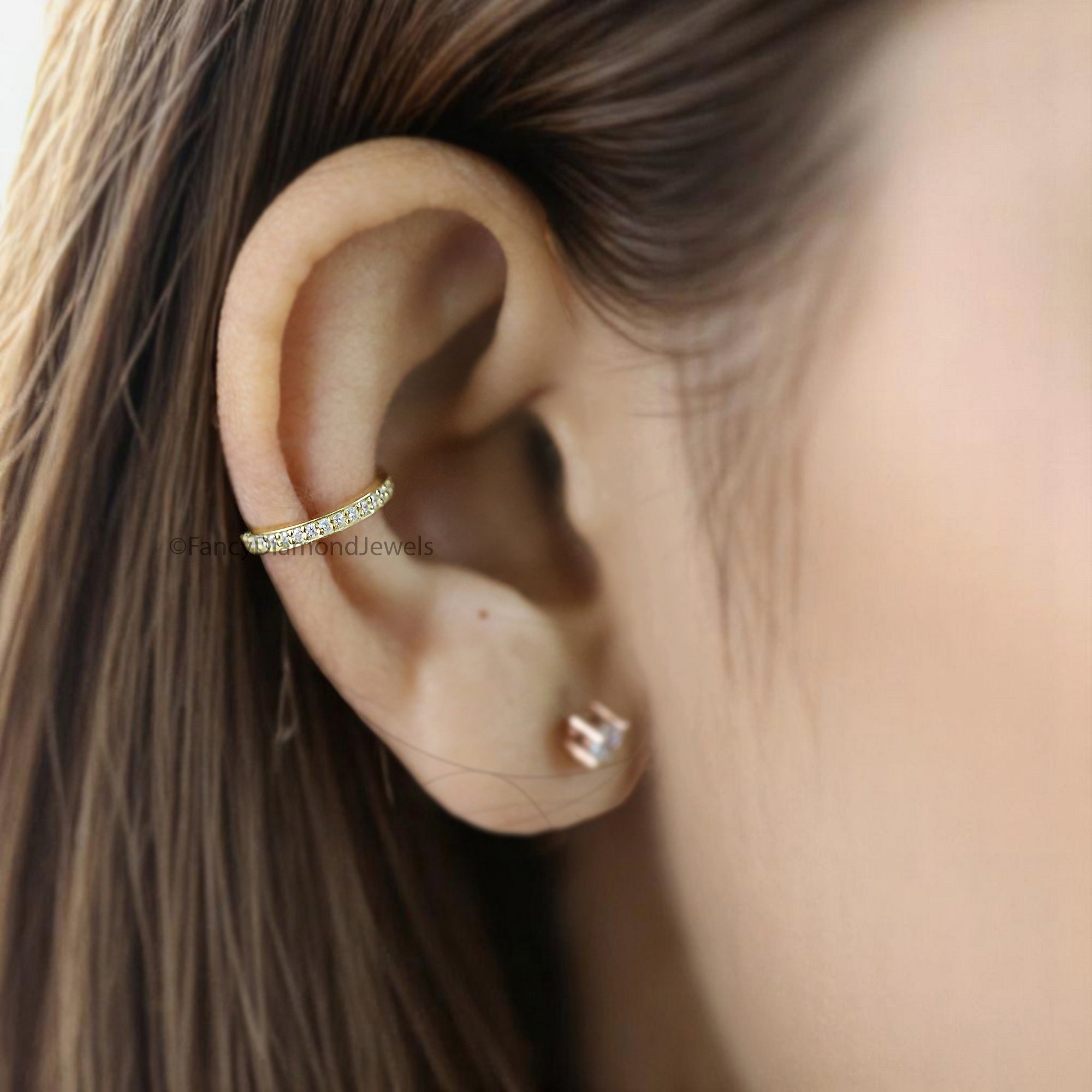 Round Brilliant Cut Colorless Moissanite Diamond Ear Cuff Dainty Ear Cuff Pave Set Sterling Silver Helix Piercing Yellow Gold Ear Wrap FD350