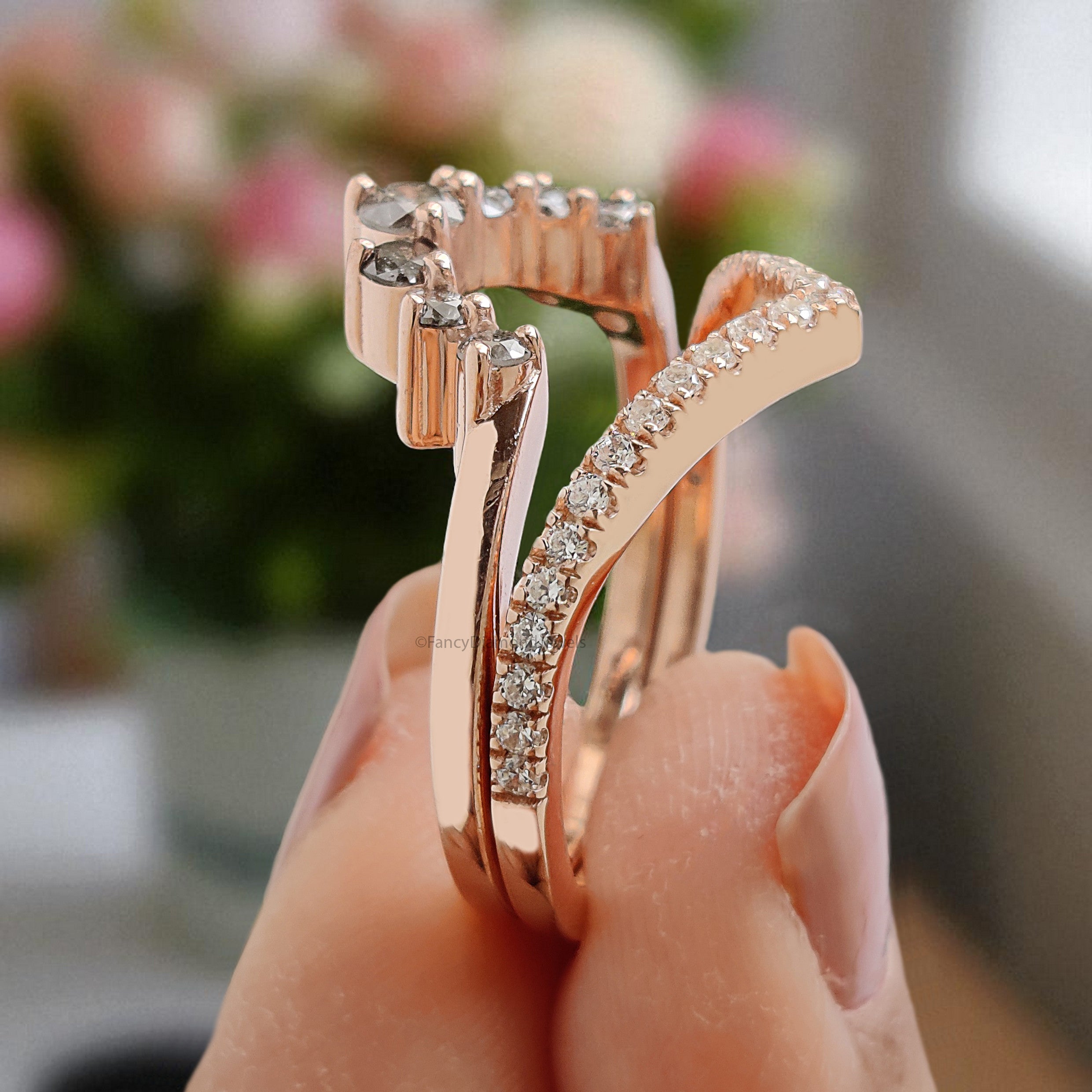 White /Salt And Pepper Round Diamond Wedding Ring V Shaped Band Silver/10K/14K/18K Band Half Eternity Engagement Band Anniversary Ring KD618