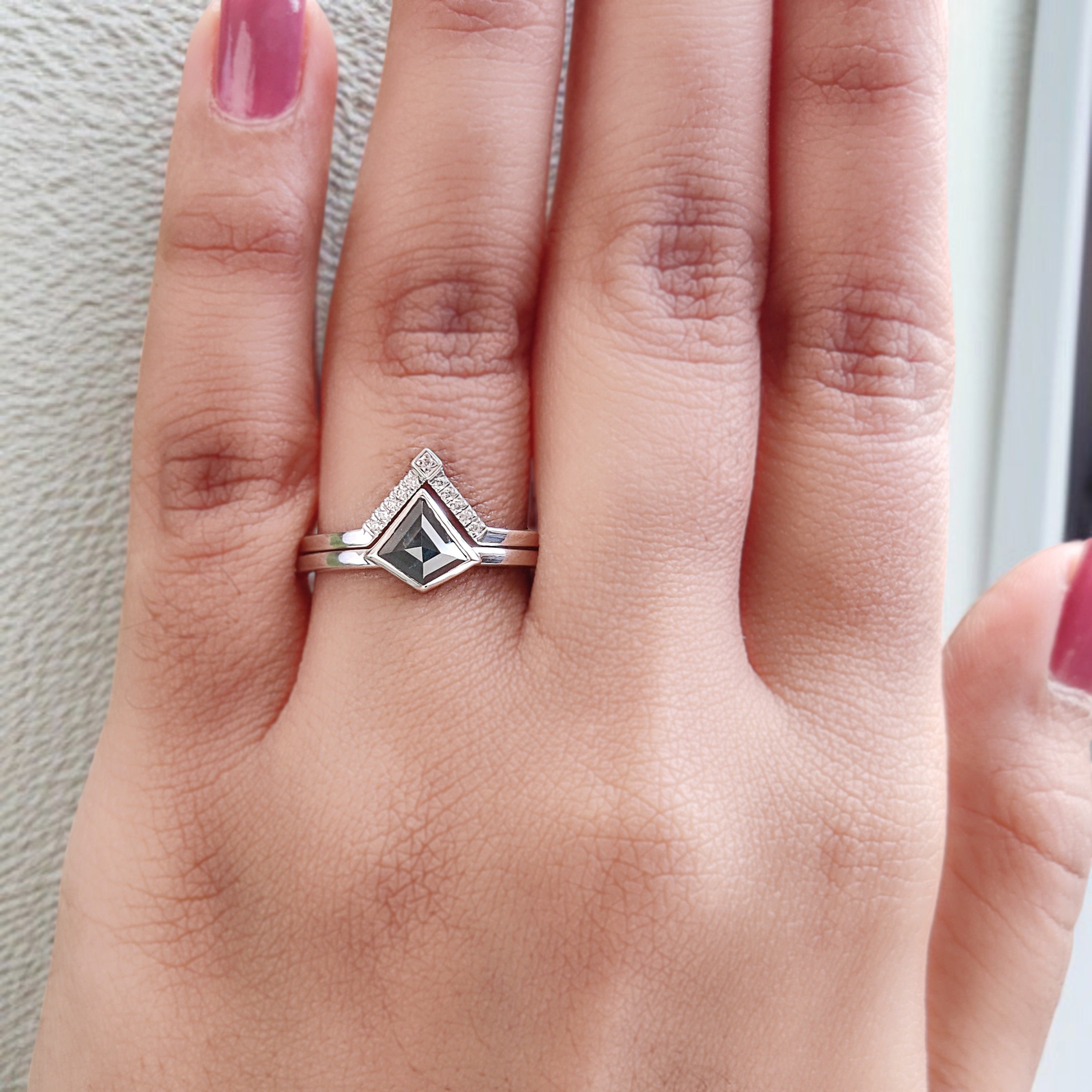 Kite Cut Blue Color Diamond Ring Set 0.44 Ct 6.42 MM Kite Diamond Ring 14K Solid White Gold Silver Engagement Kite Ring Gift For Her KD1111