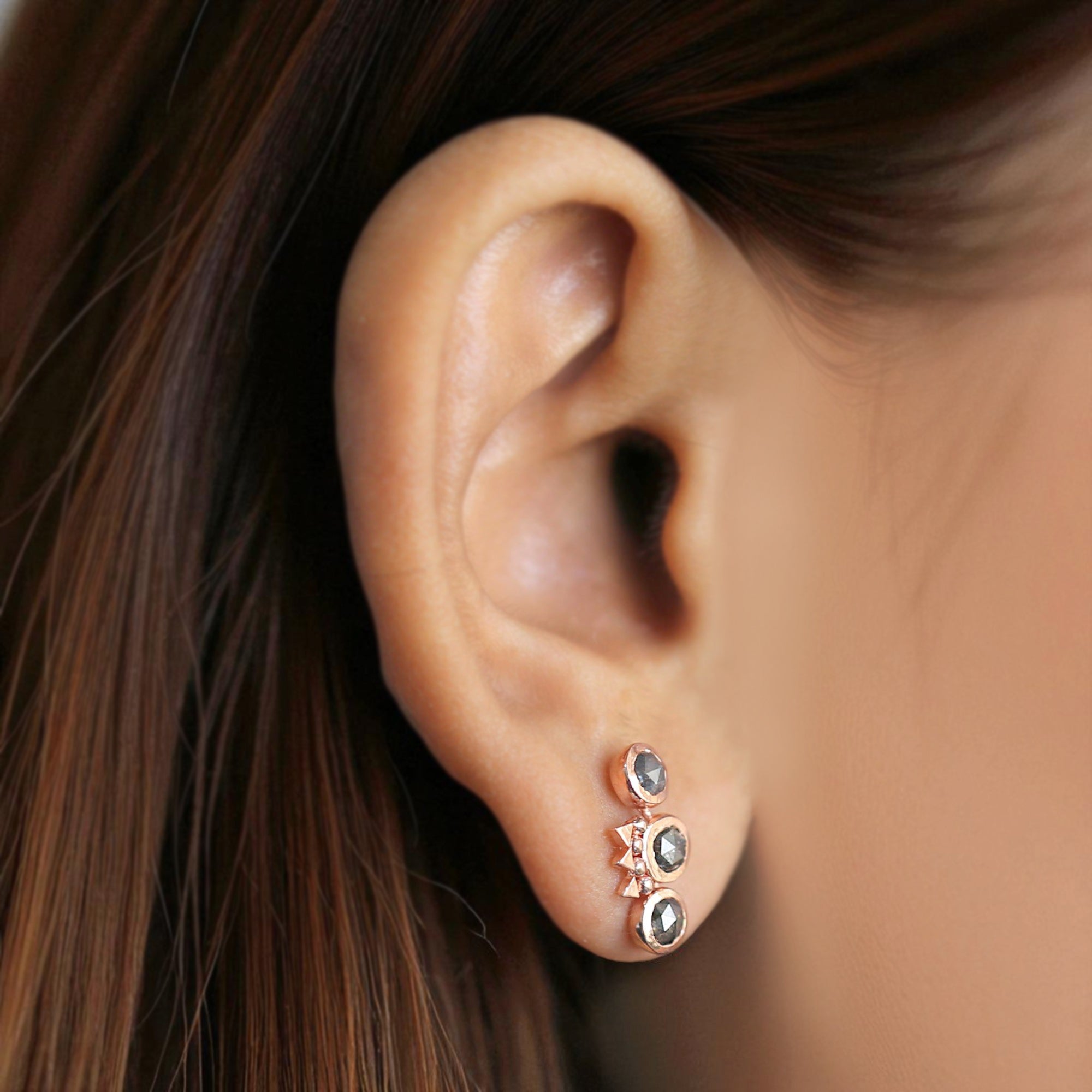 Round Salt And Pepper Diamond Earring Round Rose Shape Earring Bezel Earring Engagement Earring Earlobe Earrings Gift For Her KDN2059
