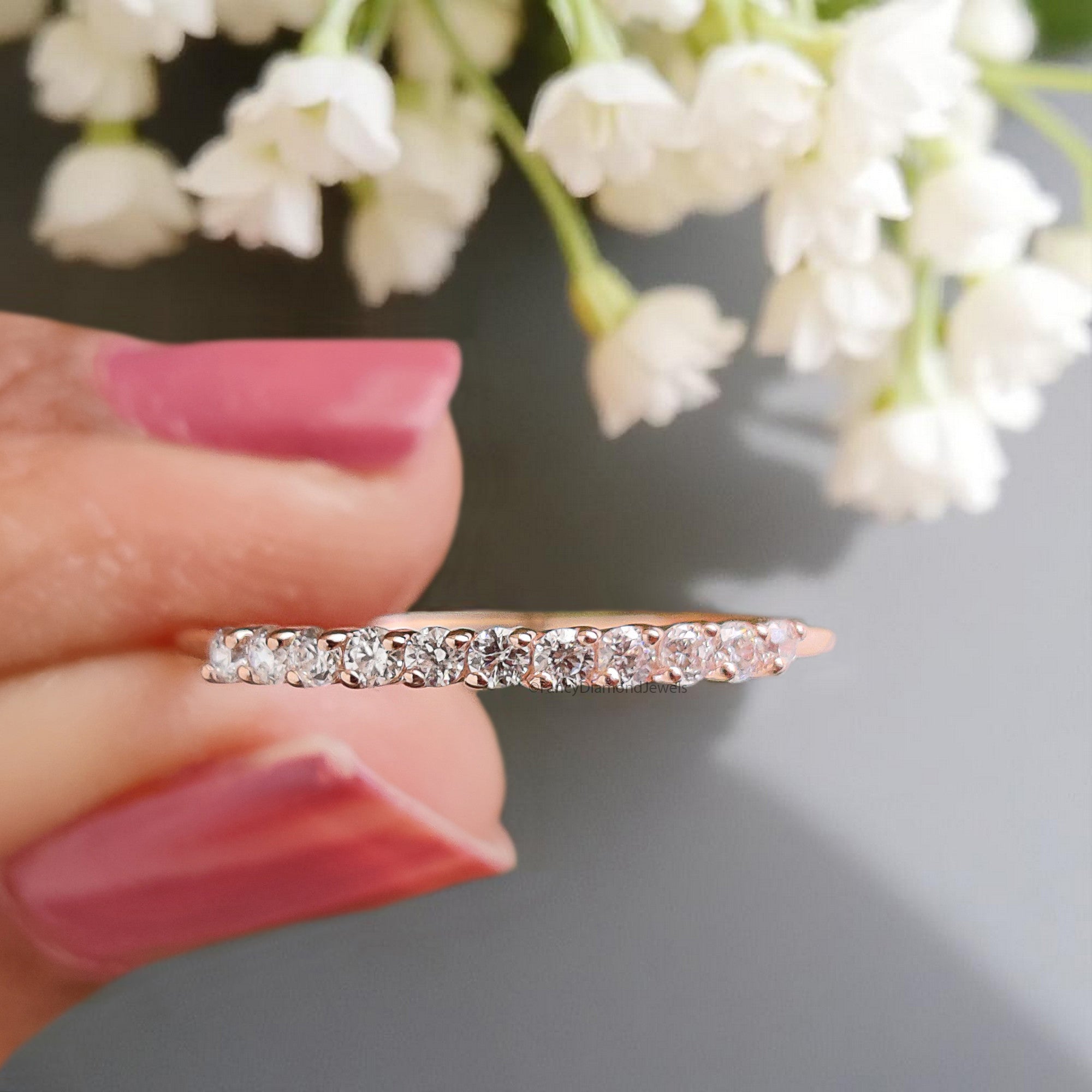 Round Moissanite Diamond Wedding Band Half Eternity Minimalist stacking dainty matching anniversary Ring Silver/10K/14K/18K Gold Band KD899