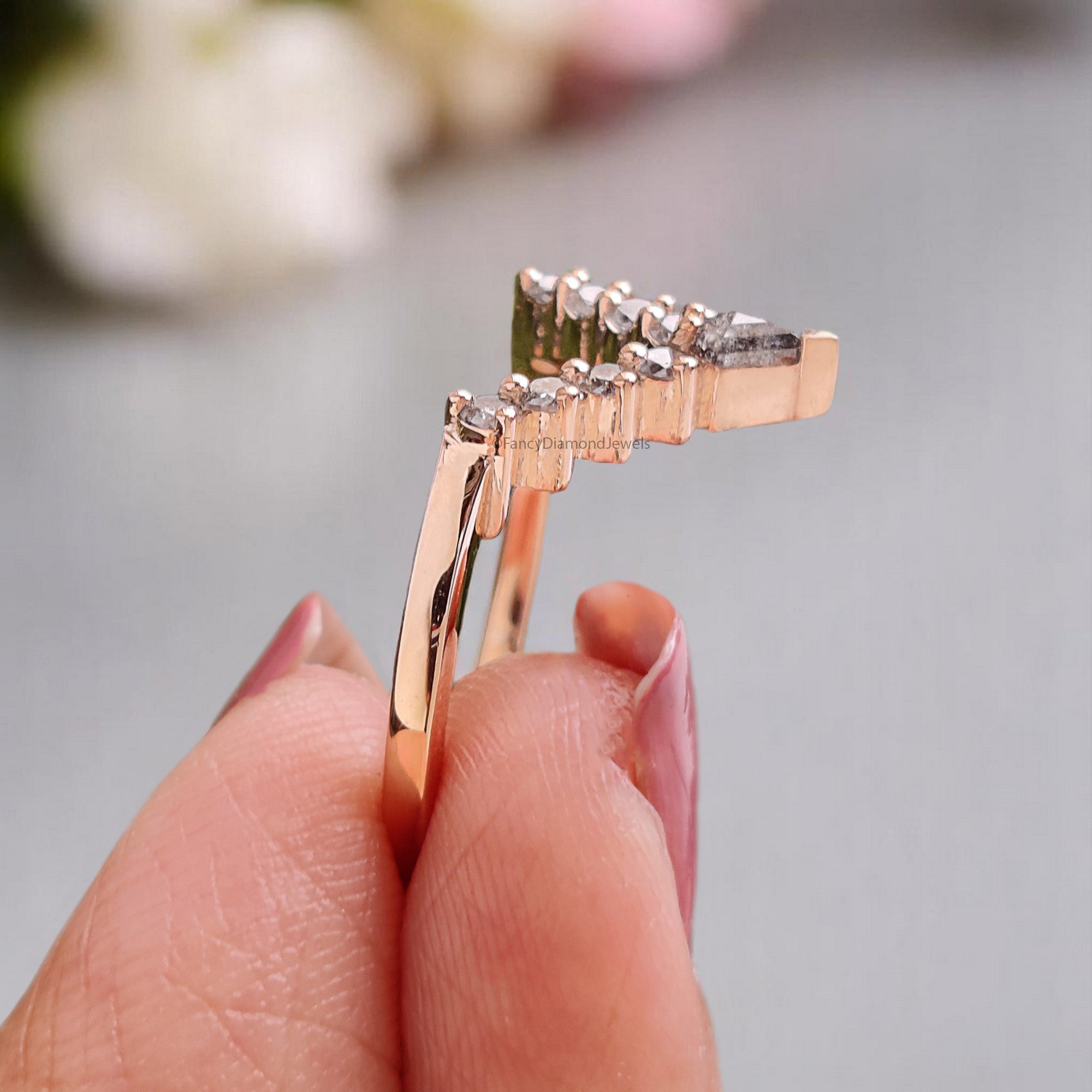 Salt And Pepper 0.32 TW Diamond Wedding Band Deep V Shape Band Silver/10K/14K/18K Gold Half Eternity anniversary Ring Gift For Her KD839