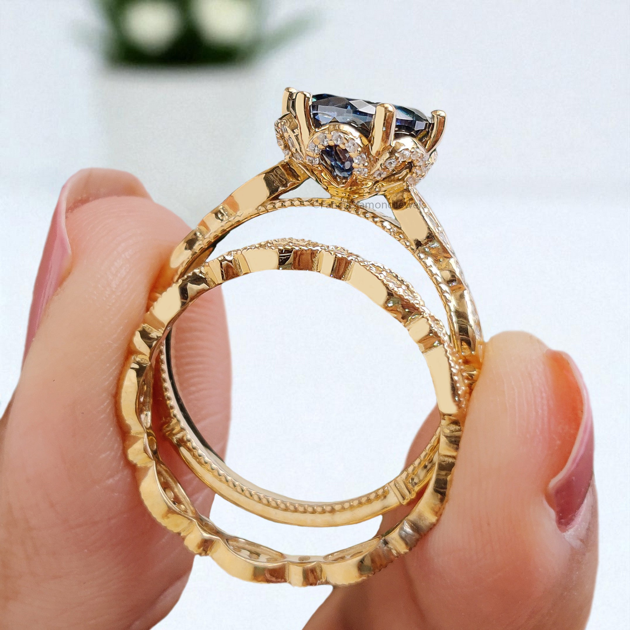 Antique Round Portuguese Cut Royal Blue Moissanite Engagement Ring 6 Prong Hidden Halo Ring With Full Eternity Scalloped Wedding Band FD407